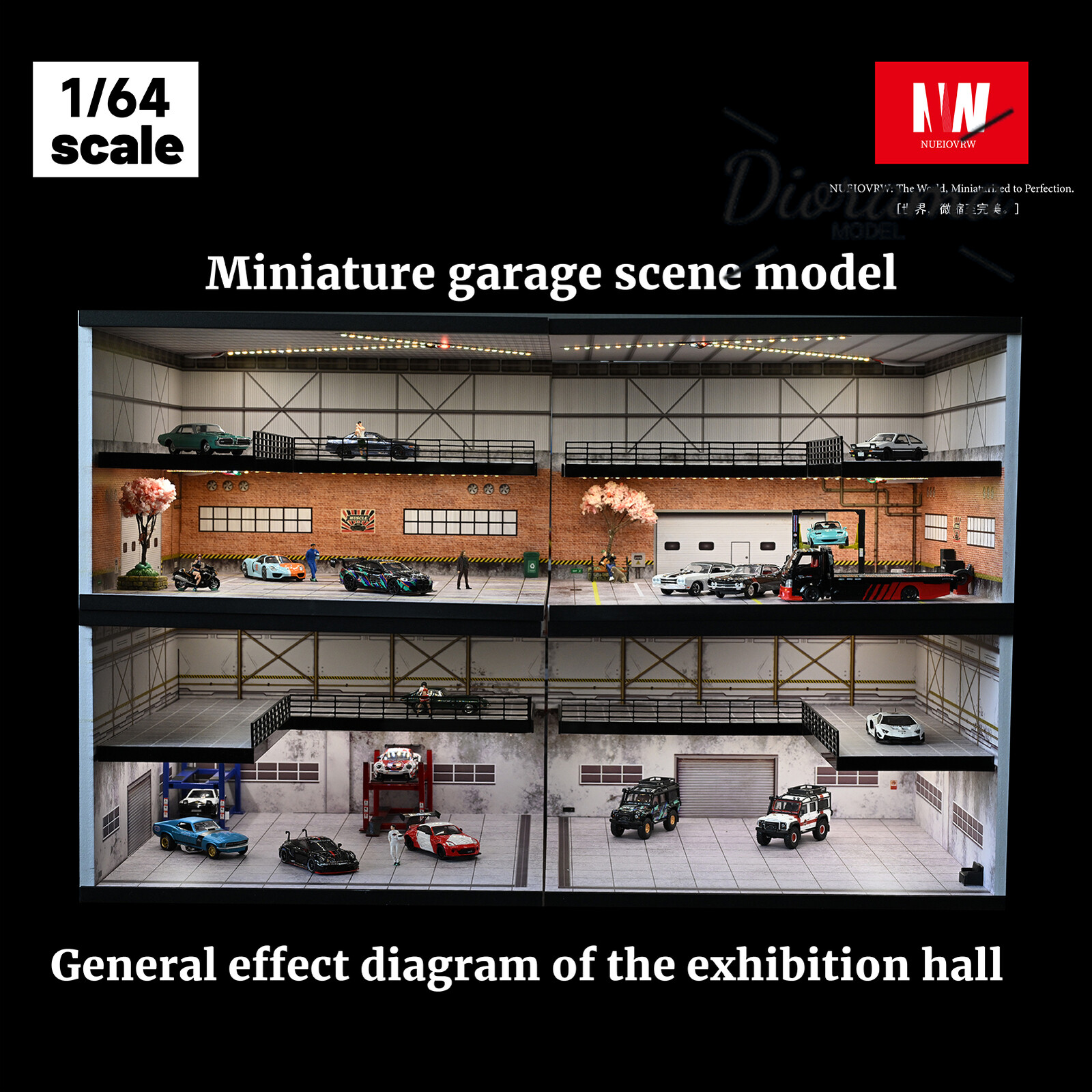 1/64 Diorama Car Garage Model LED Lighting Car Showroom Scene Display Model Gift