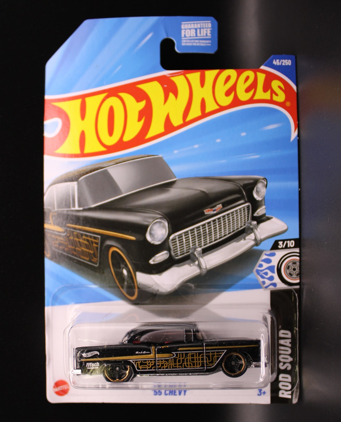 Hot Wheels ’55 Chevy 2025 Rod Squad 3/10 Black Car Mattel Gold Rims 44/250 New