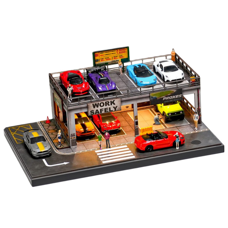Diorama 1:64 Car Garage Model LED Lighting Repair Shop Building Scene Model Toy