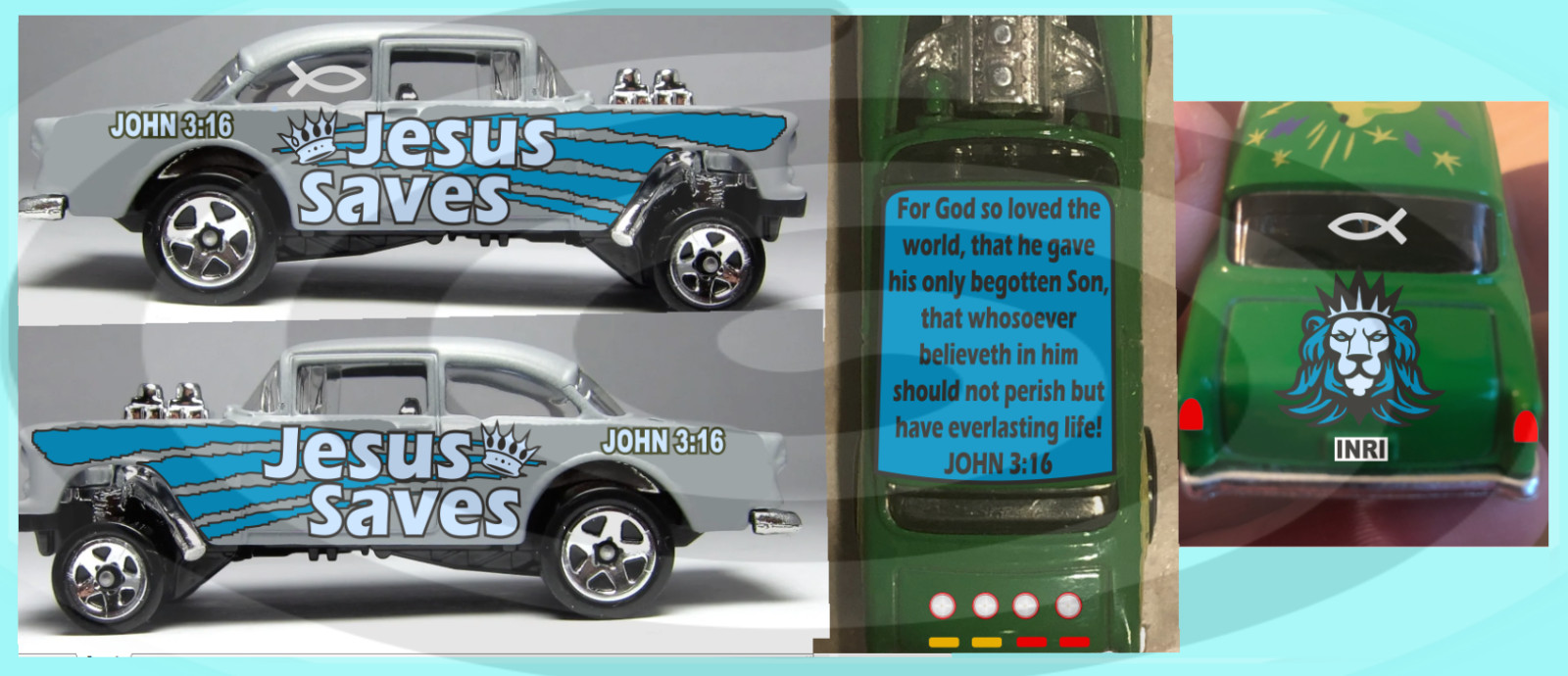 White Toner 1:64 Waterslide for 55 Chevy Gasser Jesus Saves John 3:16 Blue
