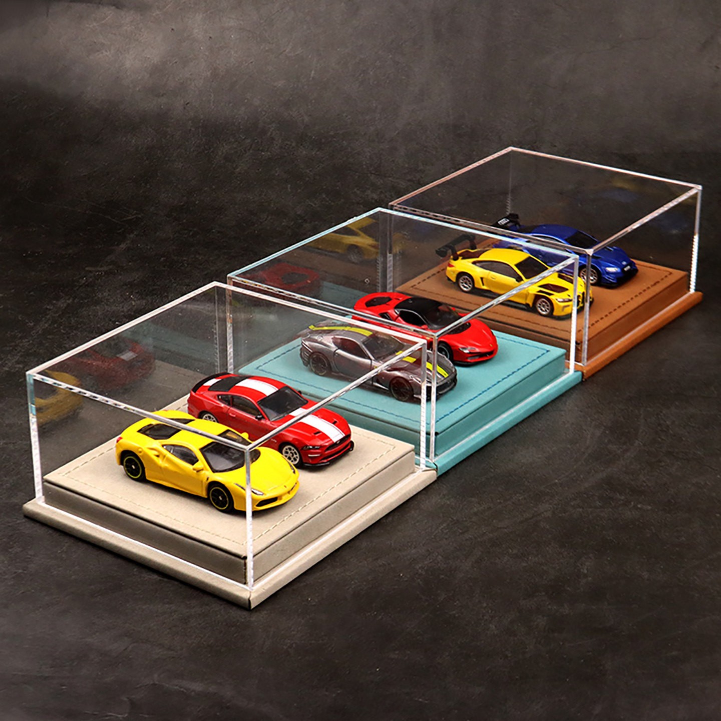 Diorama 1:64 Car Model Collection LED Display Case Leather Acrylic Dust Cover