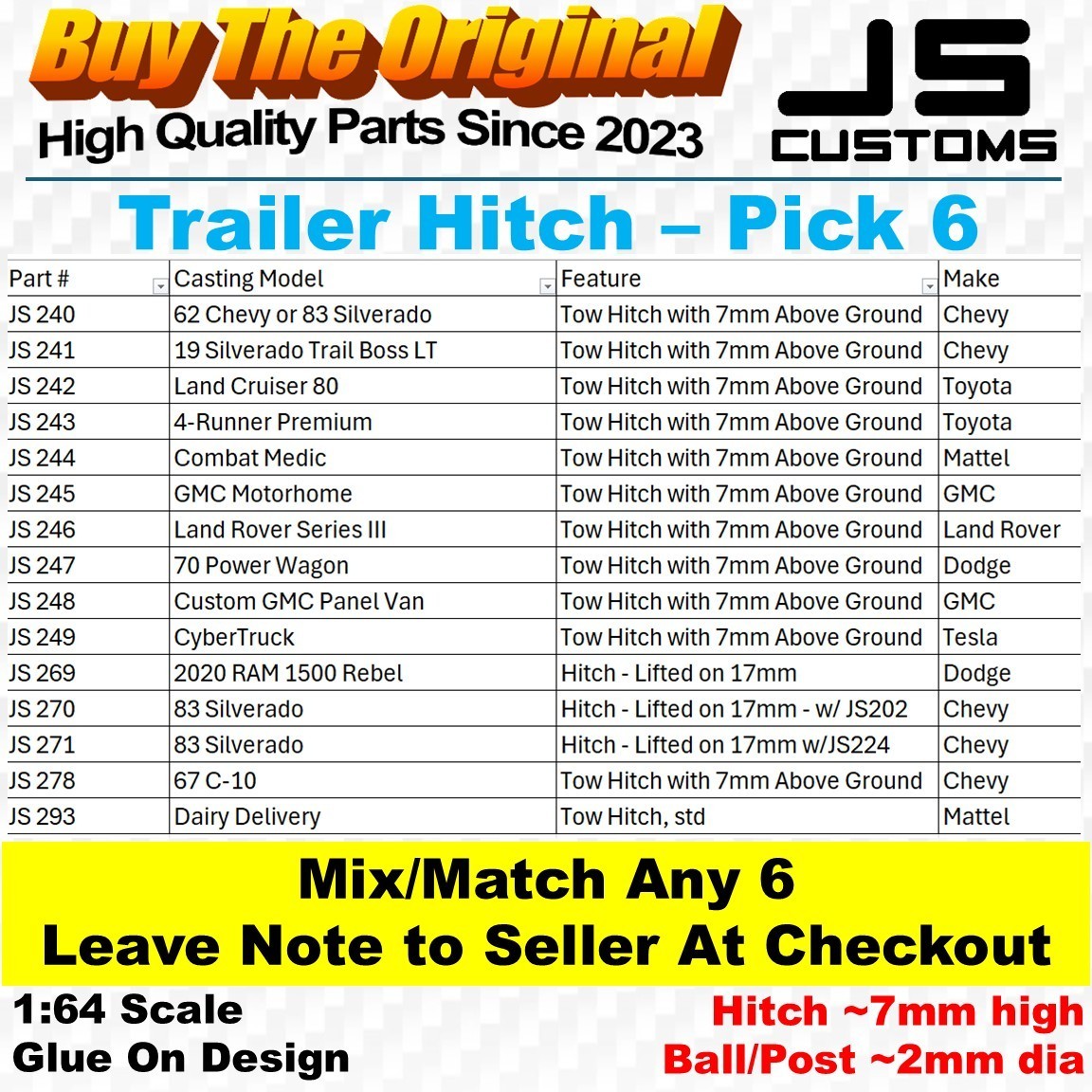 6 or 12 Trailer Hitches – Universal – Hot Wheels / Matchbox 1:64 Hitch glue-on