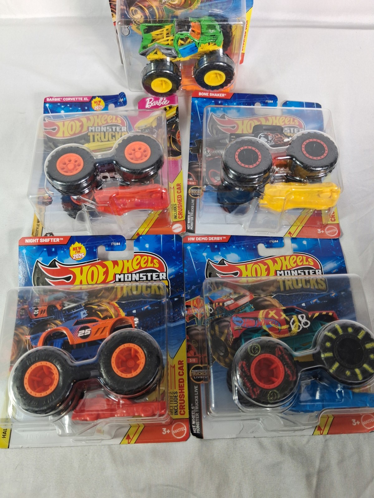 Hot Wheels Monster Trucks Lot of 5 Bone Shaker Totaled Barbie Corvette XL Night
