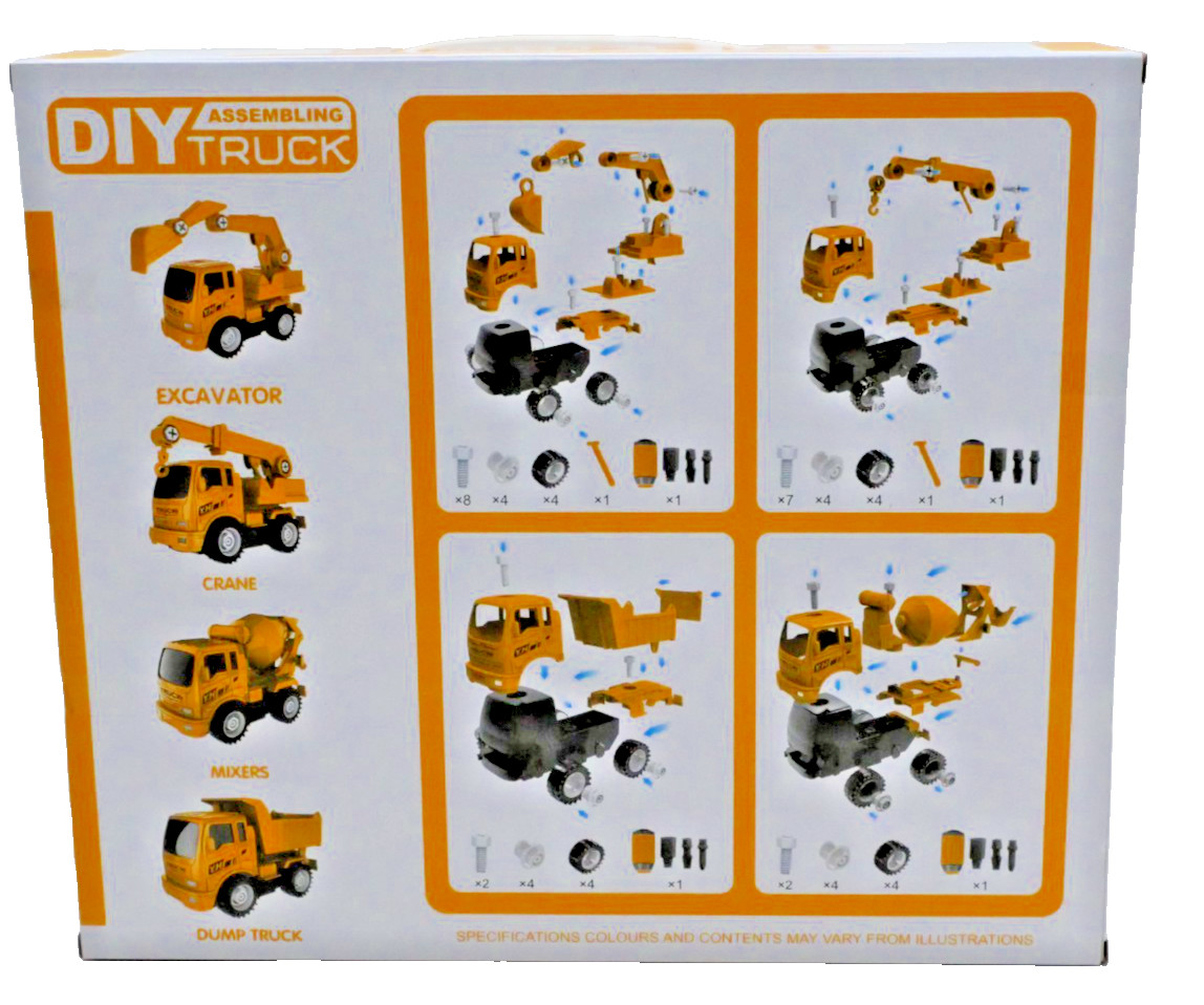 DIY Truck Set 4 Pack – Dump, Mixer, Crane, Excavator – Build Toys 3+