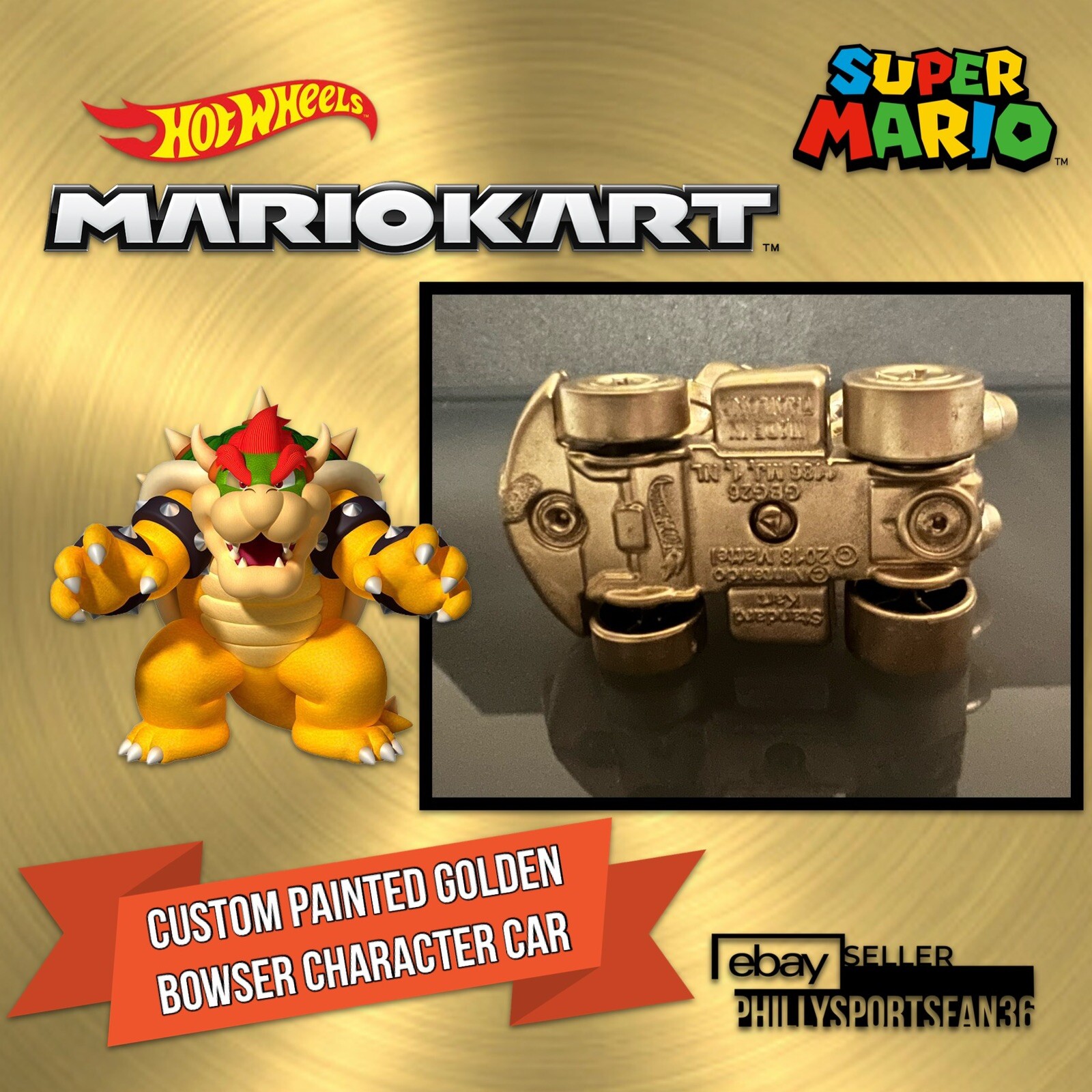 BOWSER STANDARD KART Hot Wheels Mario Kart 2022 TOTY Mattel Custom GOLD PAINTED