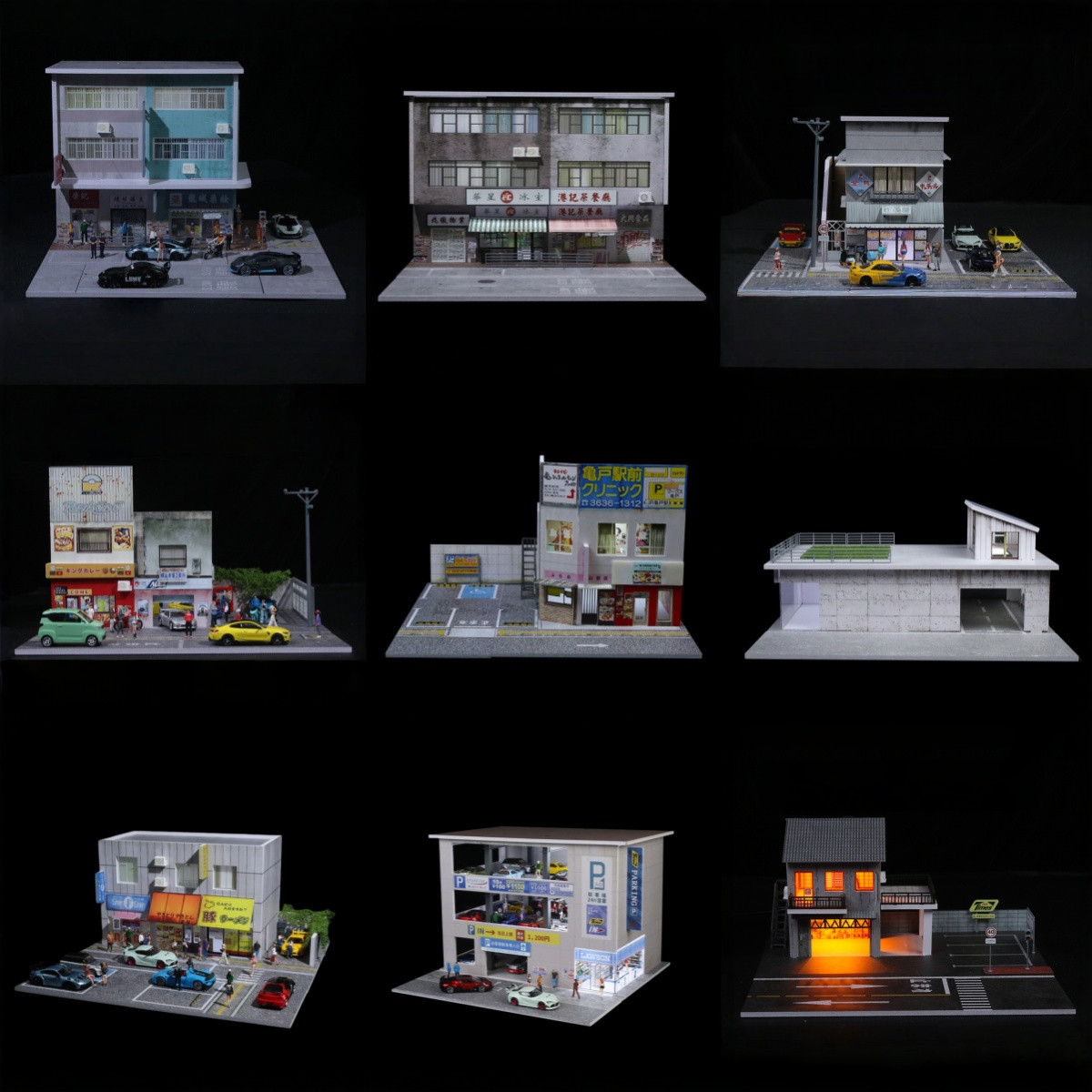 Diorama 1/64 Car Garage Model LED Lighting City Parking Lot Building Scene Model