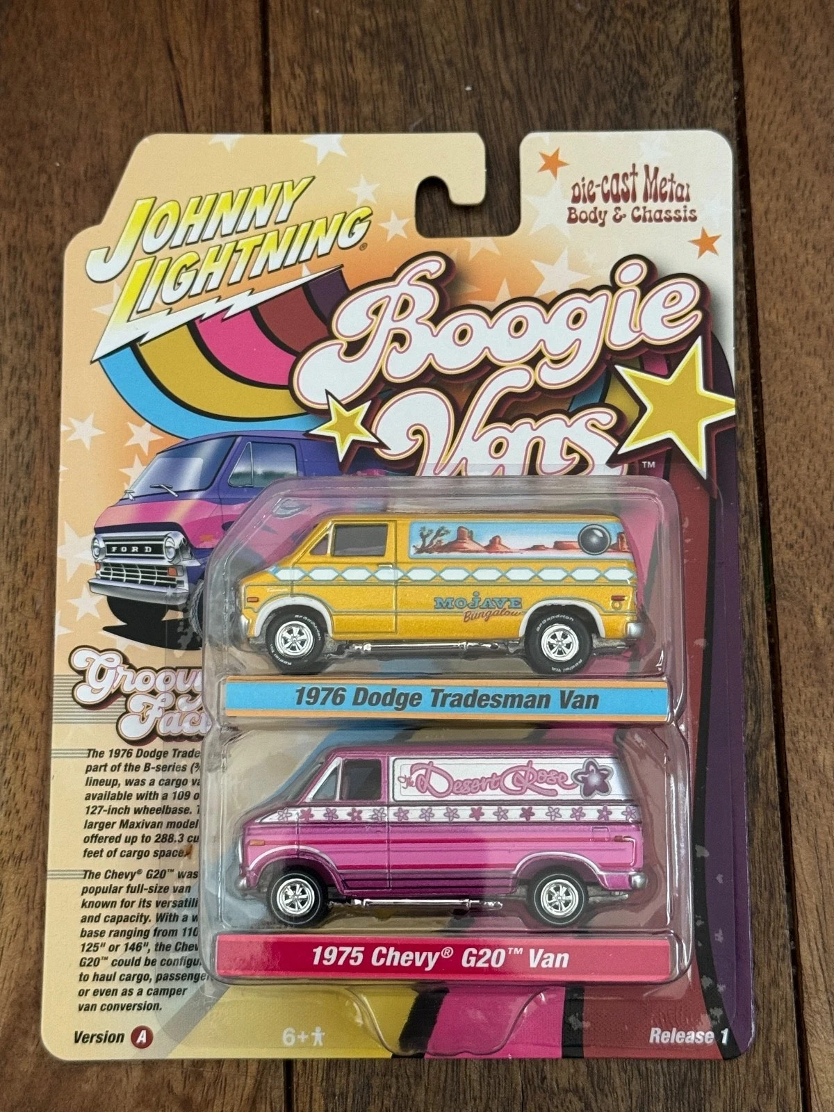 1/64 JOHNNY LIGHTNING 2 CAR SET BOOGIE VANS 1976 DODGE Tradesman 1975 Chevy G20