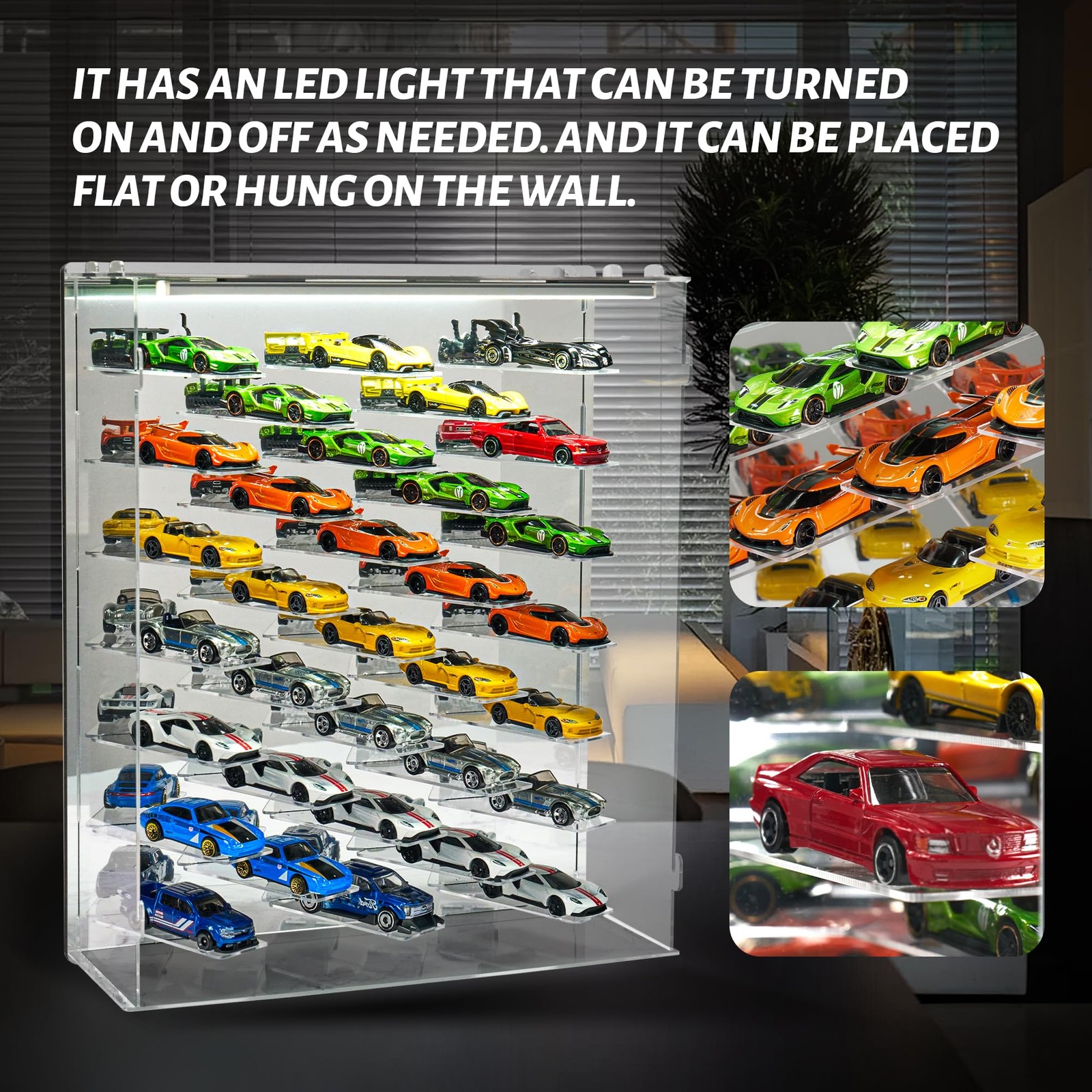 Display Case for Hot Wheels Cars, Silver Backboard with Light,