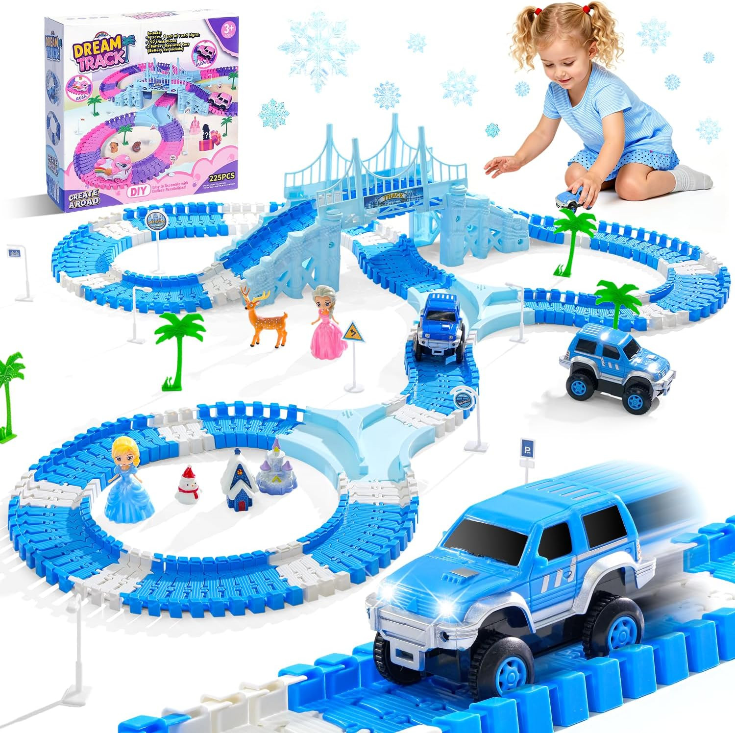Frozen Race Track Toys for Girls Ages 3-8, 224 PCS Princess Castle Car Toys with