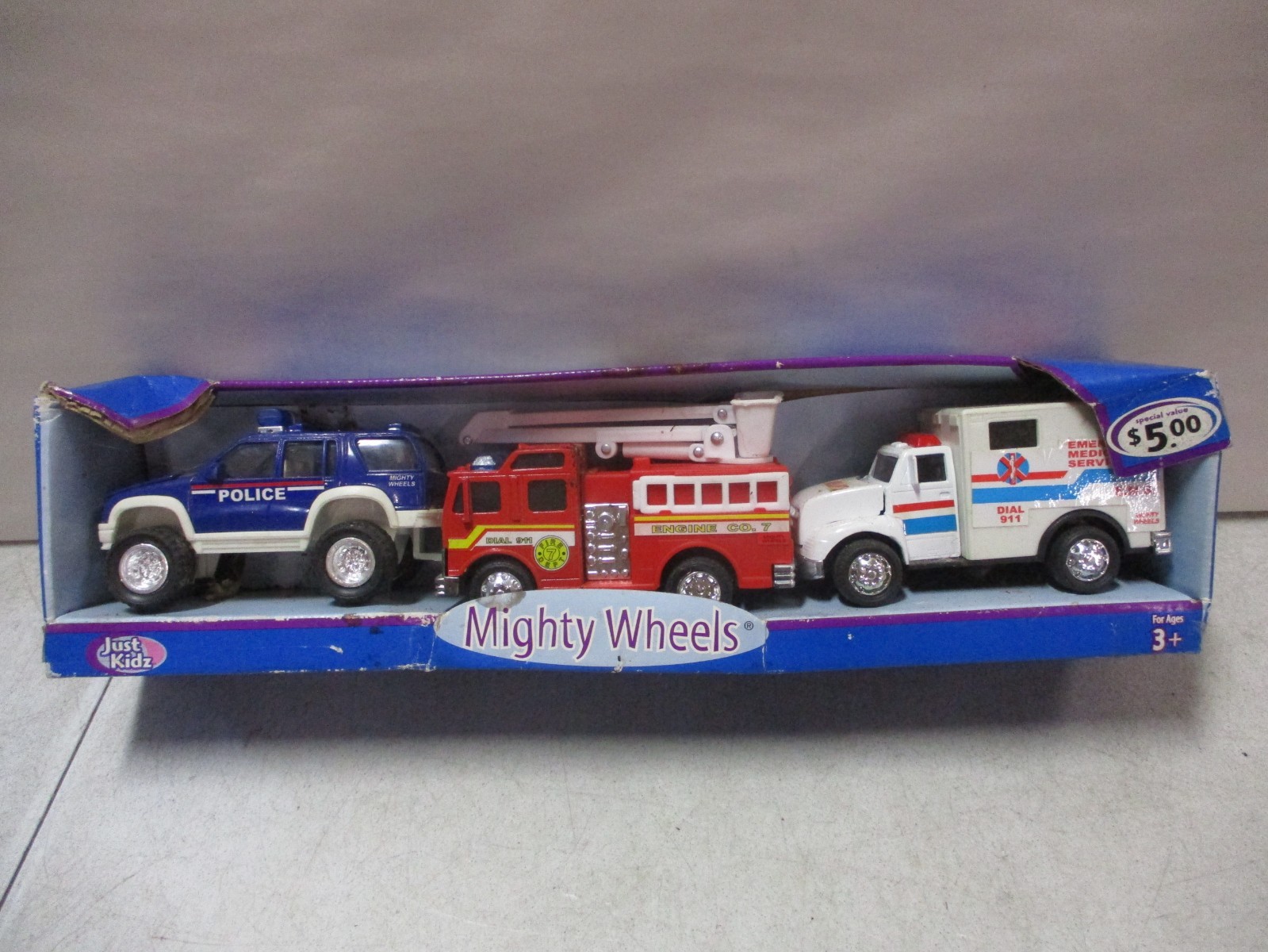 Just Kidz Mighty Wheels Emergency Rescue Set Police, Fire Truck, Ambulance