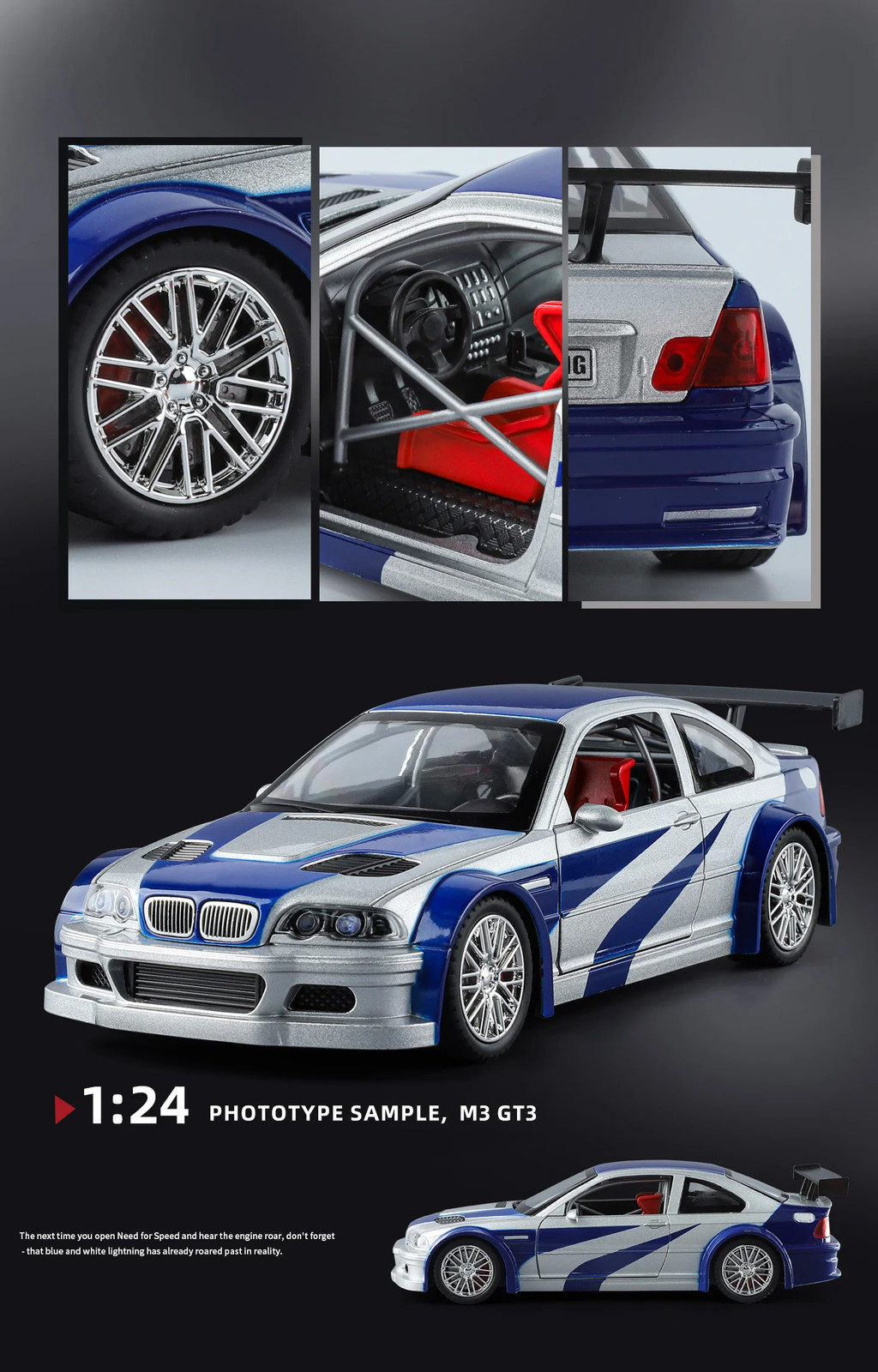 1:24 BMW M3 GTR E46 Alloy Muscle Diecast Car Model Sound Light Birthday Gift Toy
