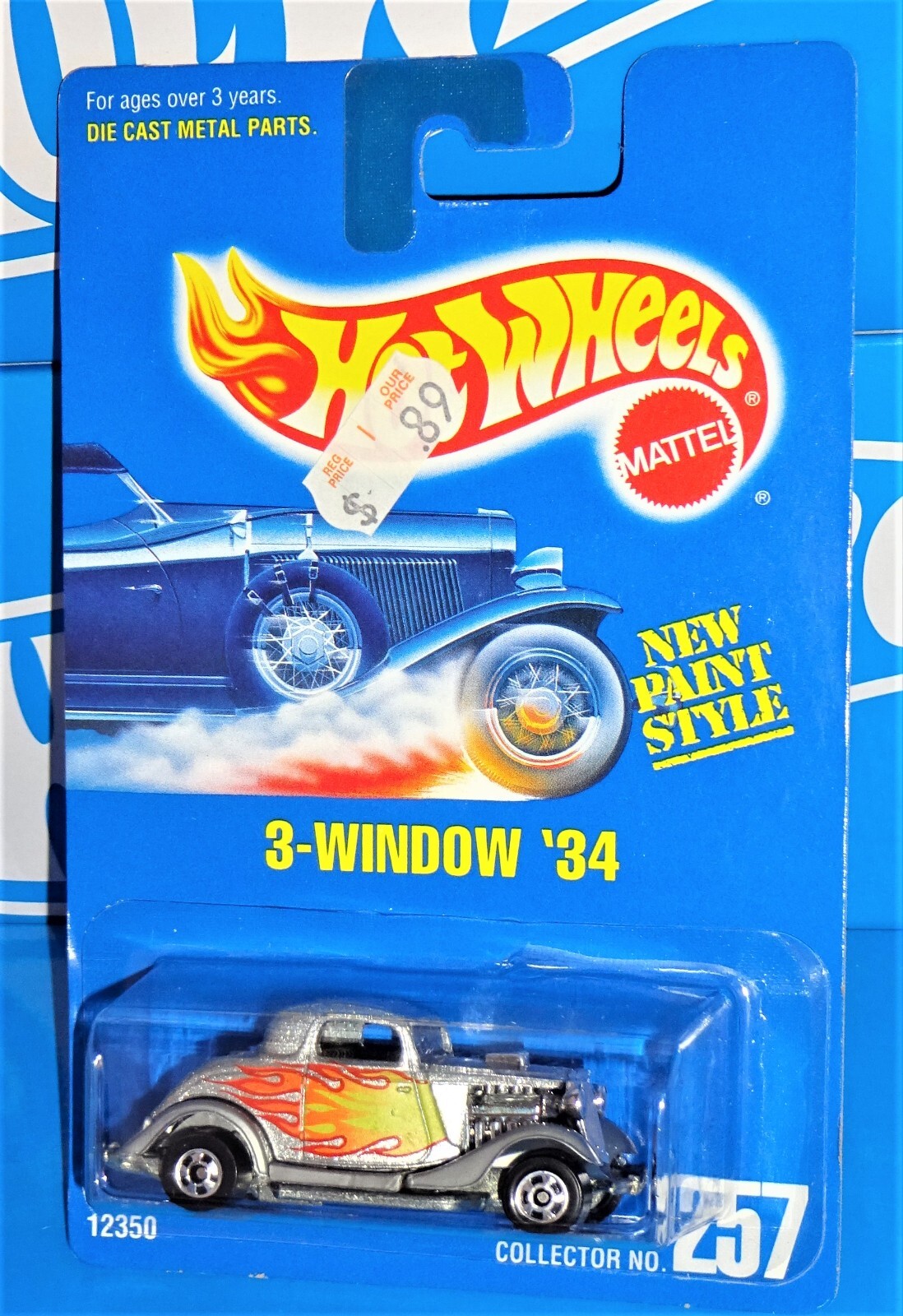 Hot Wheels Mid 1990s Mainline #257 3-Window ’34 Mtflk Silver w/ BWs