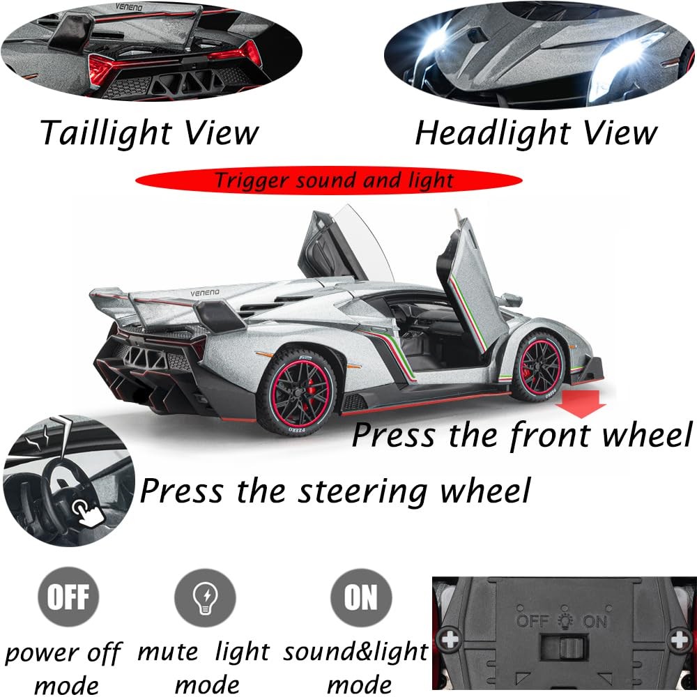 Alloy Collectible 1/24 Gray Lambo Veneno Toy Pull Back Vehicles Diecast Cars …