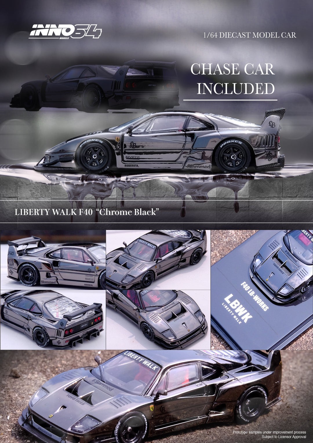1:64 Inno64 Ferrari F40 LBWK Liberty Walk Chrome Black IN64-LBWKF40-CHB Diecast