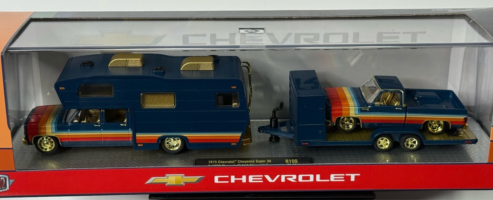Chase M2 Machines 1975 Cheyenne Super 30 & 1978 C10 Silverado Blue Camper R100
