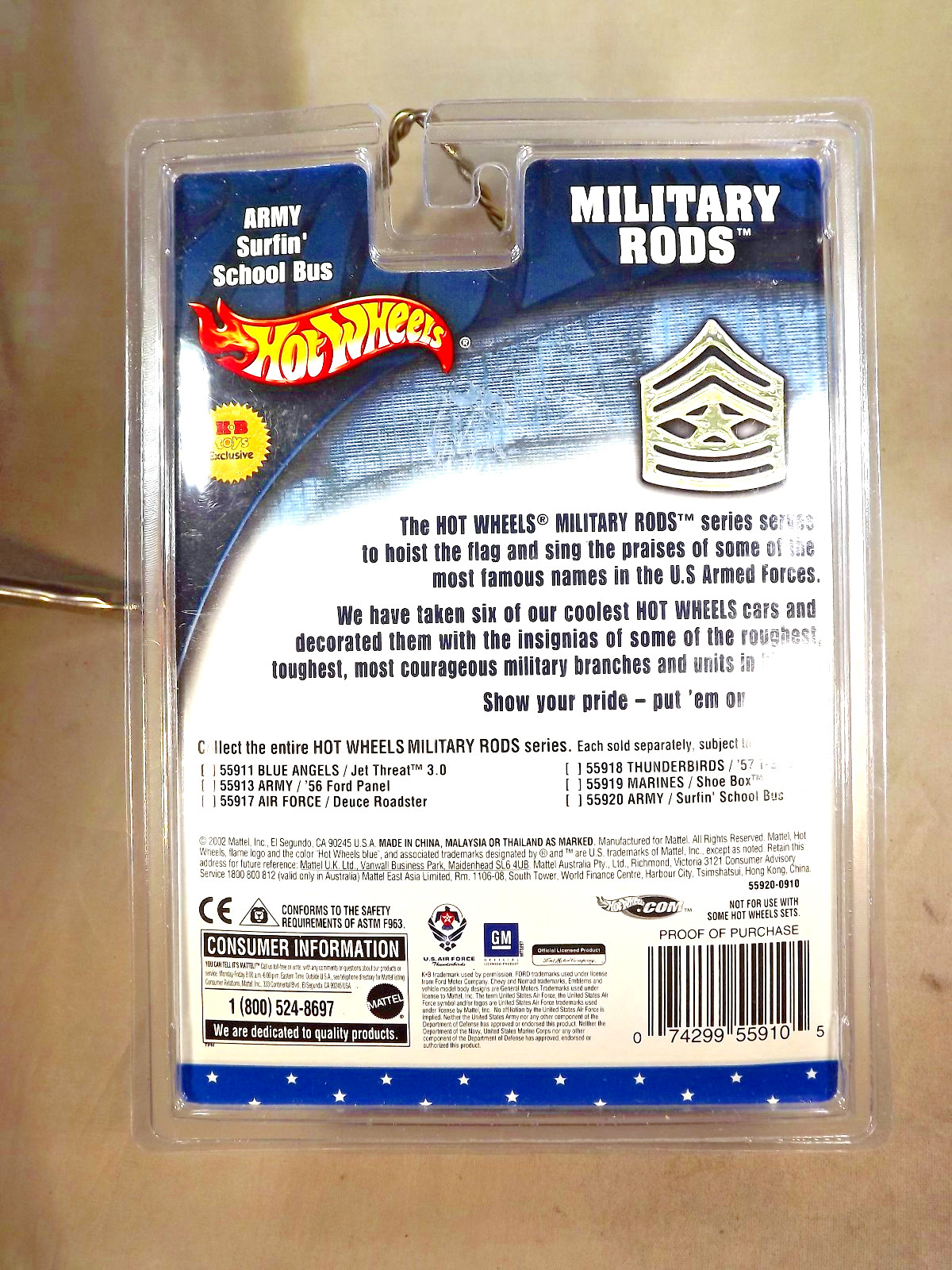 2002 Hot Wheels KB Toys Military Rods-ARMY SURFIN’ SCHOOL BUS Black-Tan w/RR’s