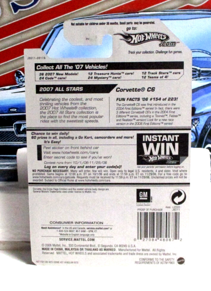 2006 Hot Wheels Chevy Corvette C6 In Candy Blue Metallic Painted Rear Lights!