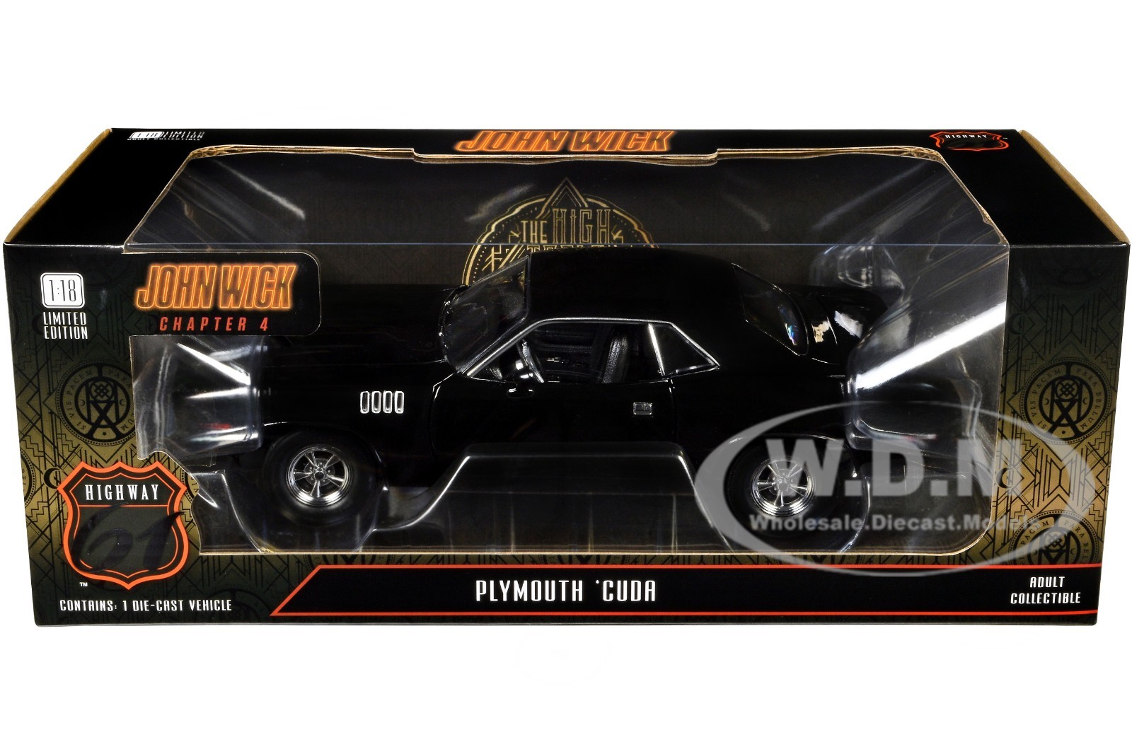 PLYMOUTH BARRACUDA BLACK “JOHN WICK CHAPTER 4” 1/18 DIECAST BY HIGHWAY 61 18045