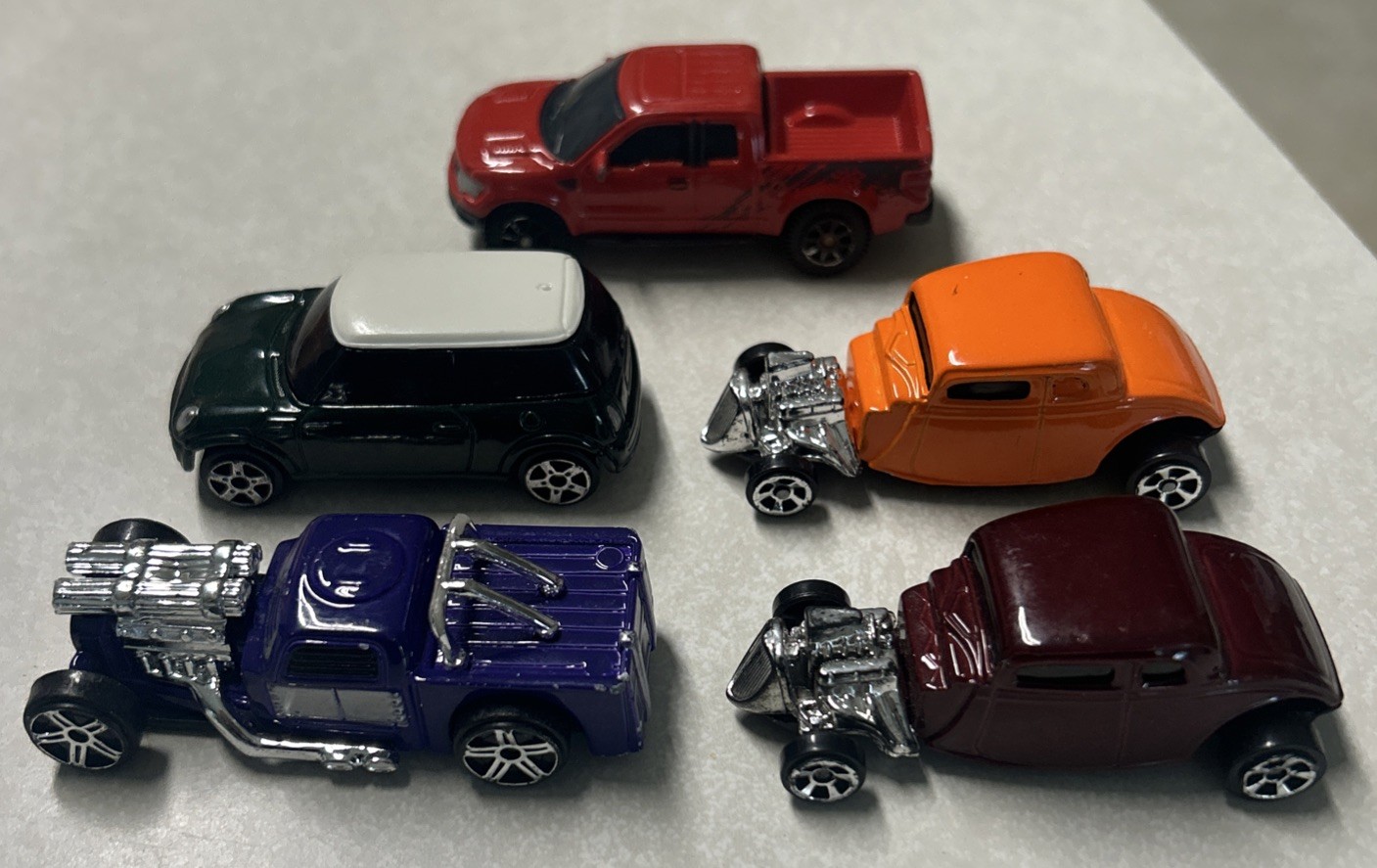 Maisto 1/64 Vehicle Lot Of 5, Mini Cooper/Raptor/Leadslinger/’34 Ford Hot Rods