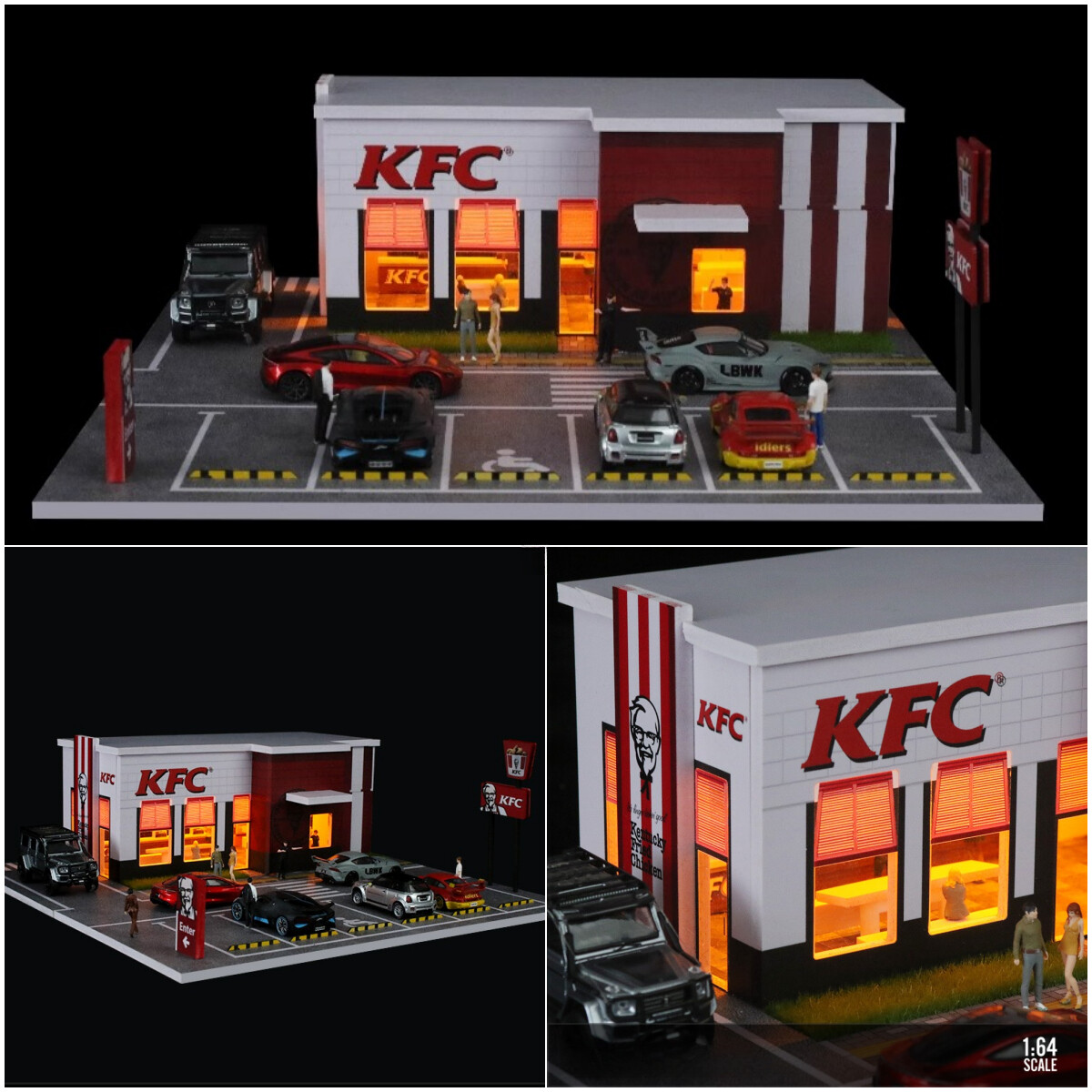 1/64 Diorama Diecast Car Garage Model City LED Street Building Repair Scene Gift