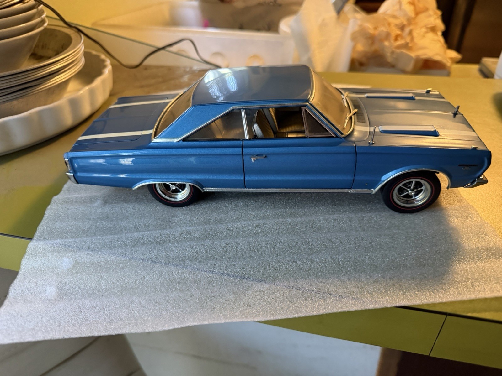 Plymouth Diecast Model Car Blue w/ White Stripes Opening Doors License Plate
