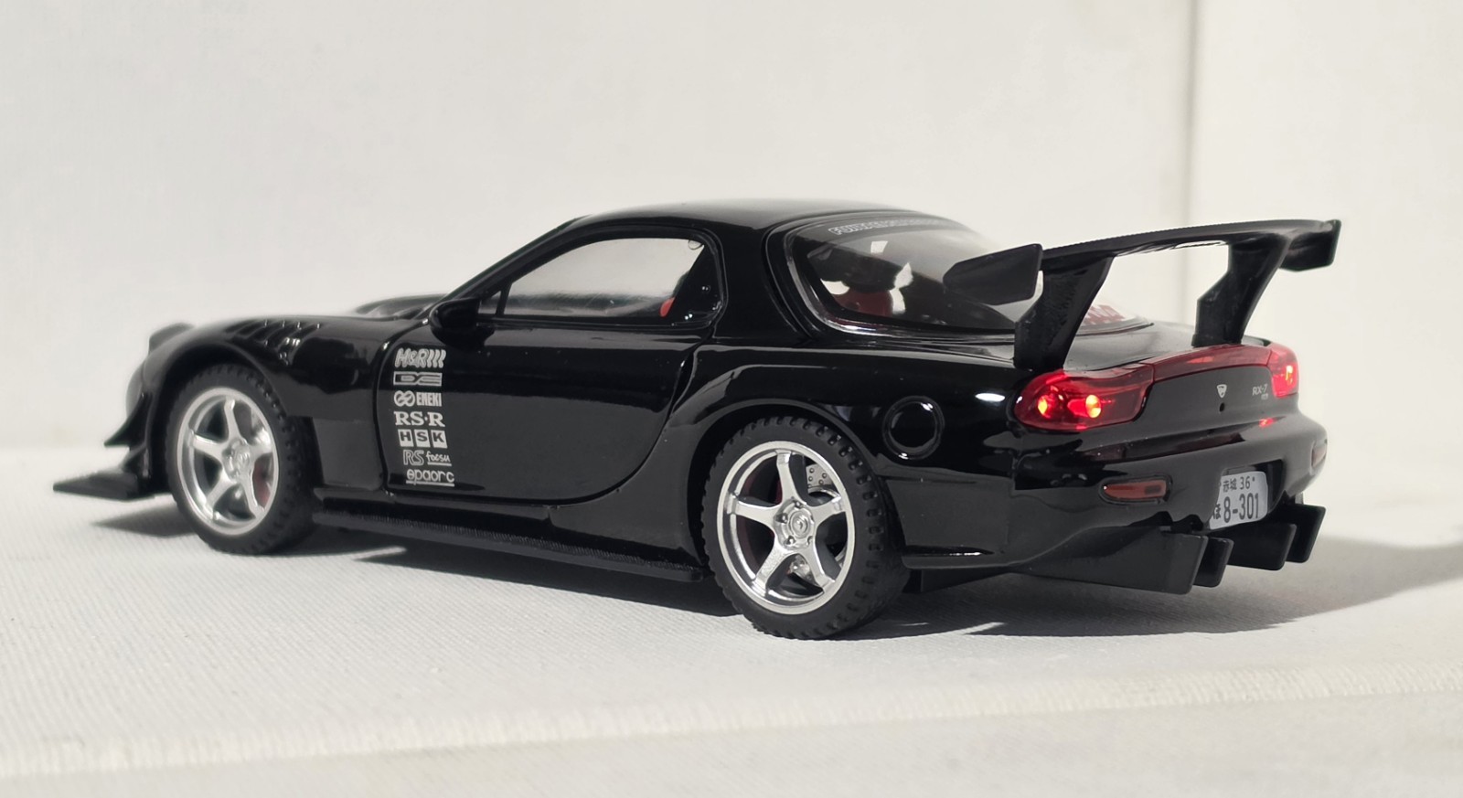 Mazda RX-7 Black Diecast Car 1:32 w/ Rear Wing Light-Up Highly Collectible