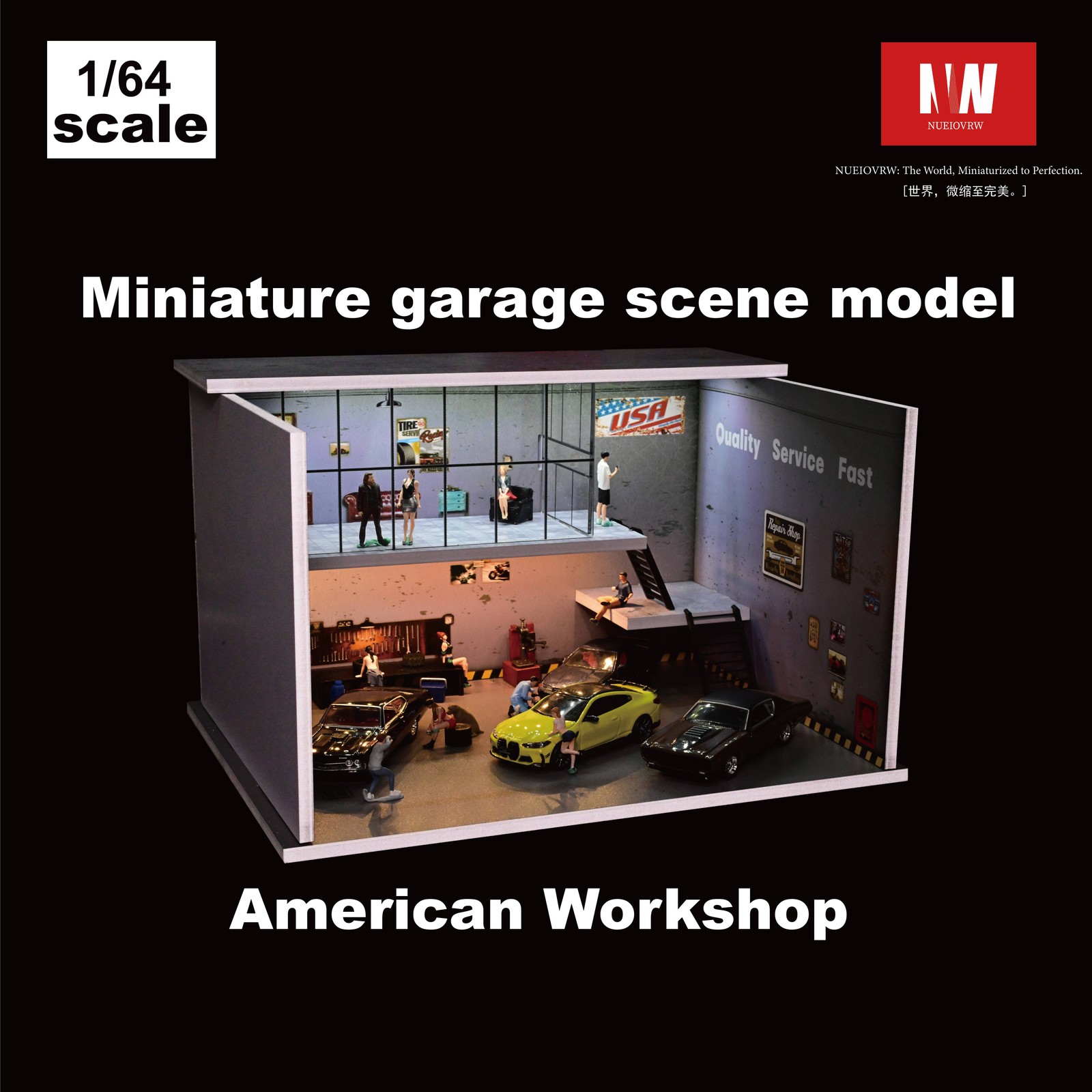 1:64 Diorama Die-Cast Car Garage Model LED Car Display Repair Workshop Scene Toy