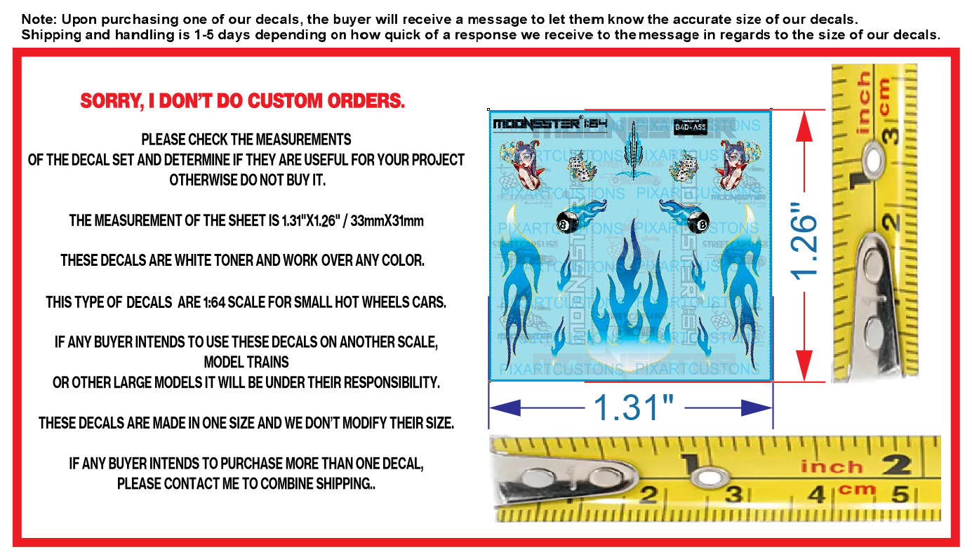 White Toner 1/64 Water Slide Decal Set 8 Ball Blue Flaming For Hot Wheels