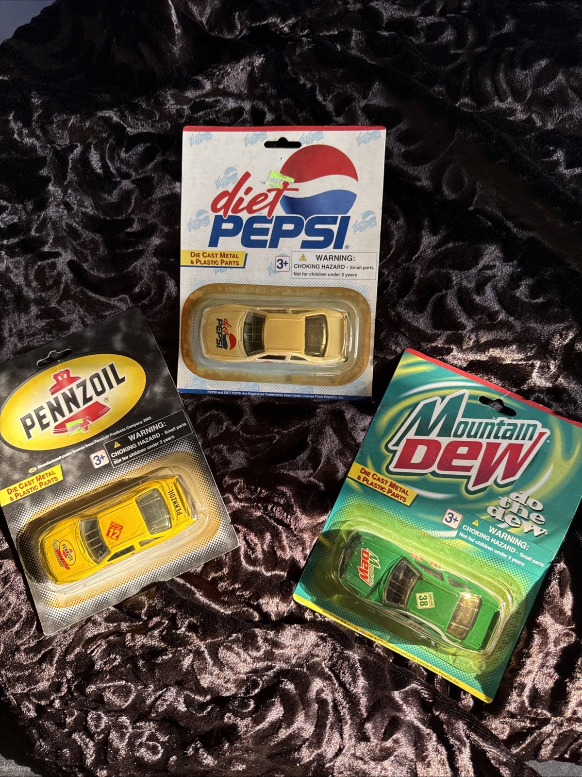 3 Golden Wheel Die Cast metal and plastic Pennzoil, Diet Pepsi, Mountain Dew