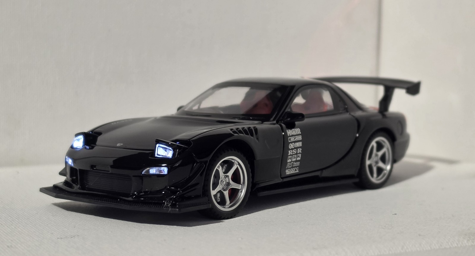 Mazda RX-7 Black Diecast Car 1:32 w/ Rear Wing Light-Up Highly Collectible