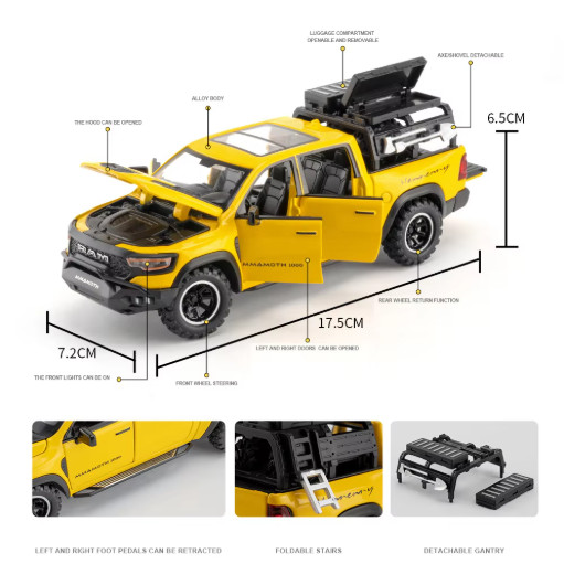 1:32 Dodge RAM 1000 TRX Mammoth Diecast Pickup Truck Sound Light Pull Back Toy