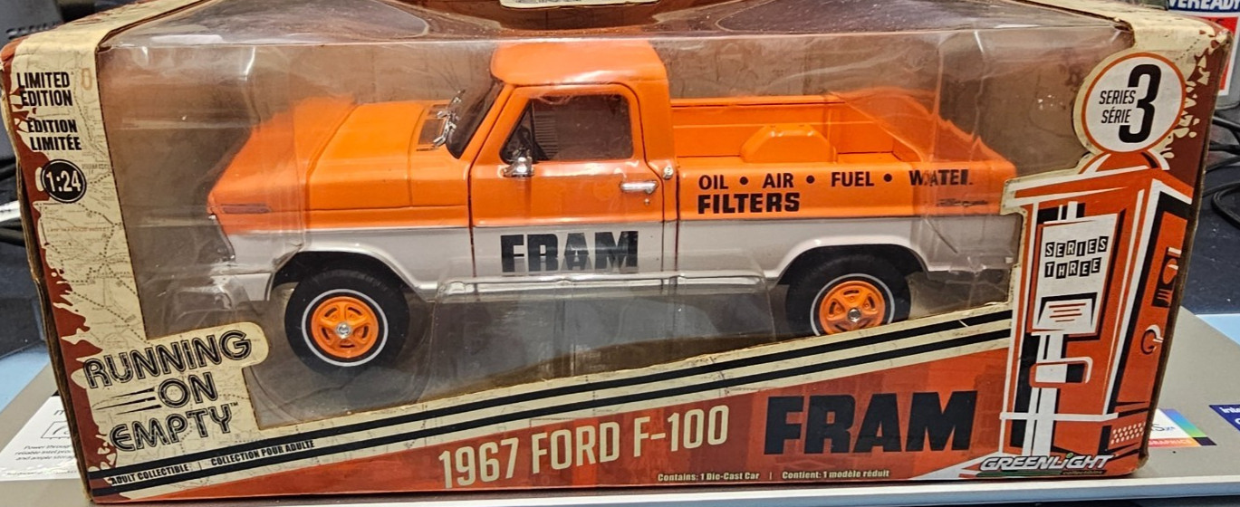 NEW IN BOX 1967 Ford F-100 Greenlight Orange Fram Diecast Truck 1/24 Collectible