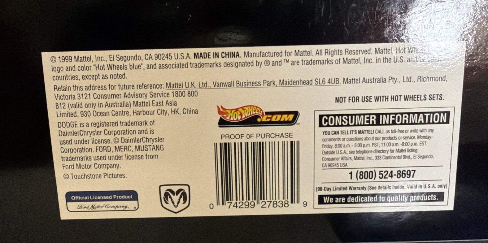 Hot Wheels 1999 “Gone In Sixty Seconds” , ’49 Merc, Viper, ’67 Mustang, Truck