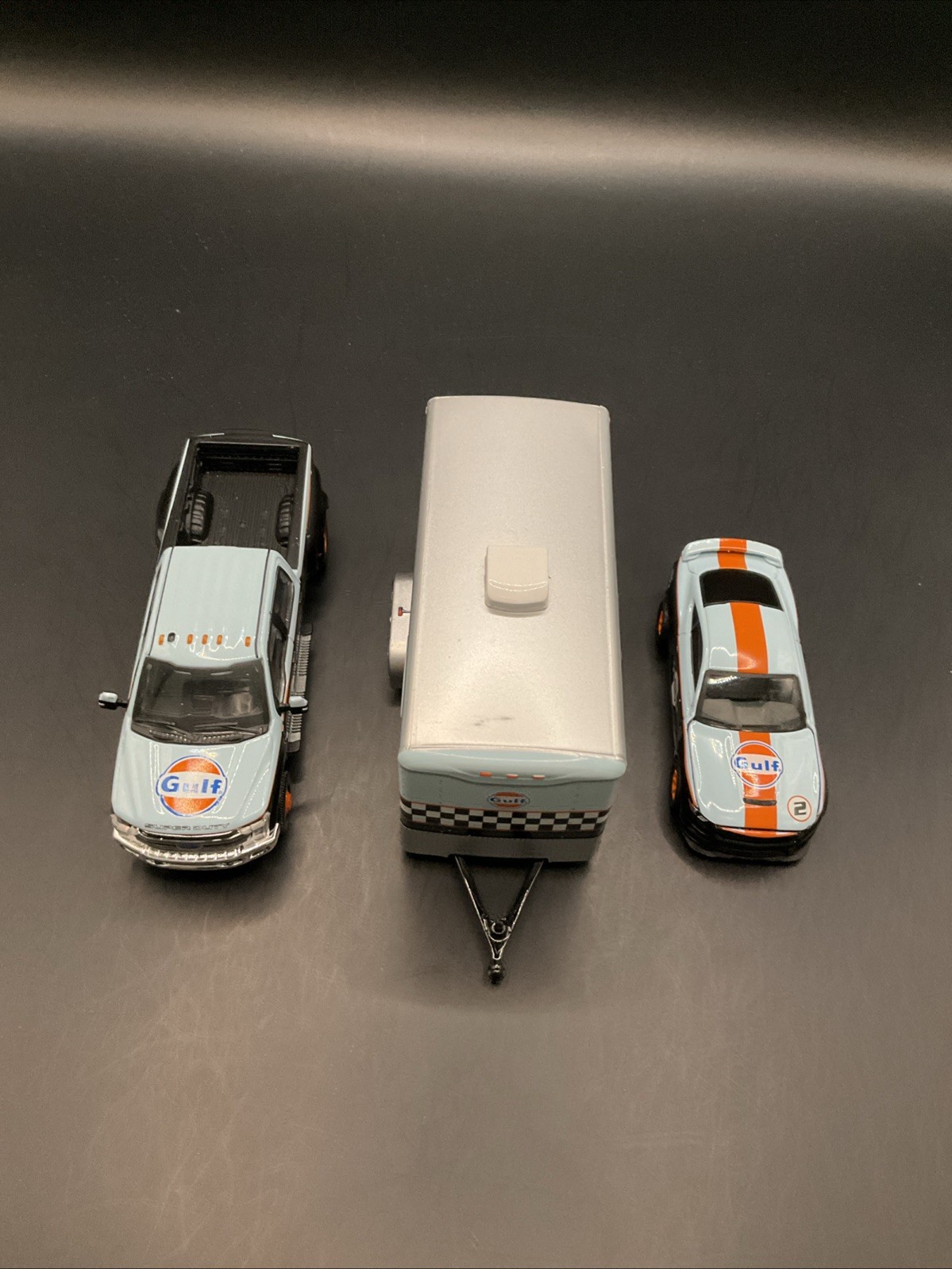 1#2 GL Gulf Ford F-350 Lariat Hitch N Tow ‘19 Ford Set 1/64 Truck, Trailer & Car