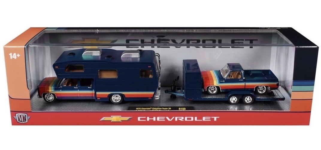 M2 MACHINES ‘75 CHEVY CHEYENNE SUPER 30 CAMPER & CHEVY C10 SILVERADO HAULER