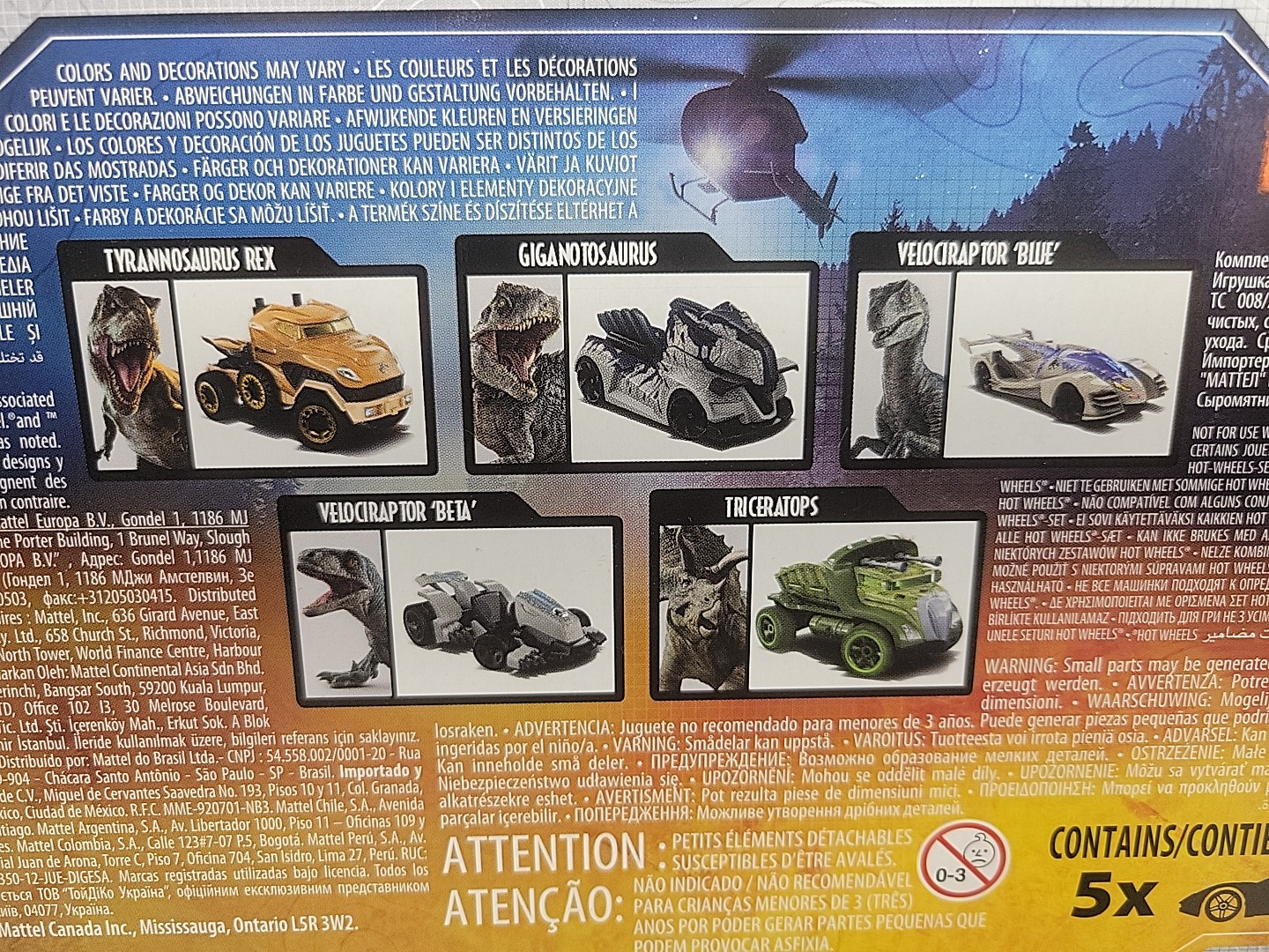 Hot Wheels Jurassic Park Dominion Character Cars 5 Pack Includes blue – NEW