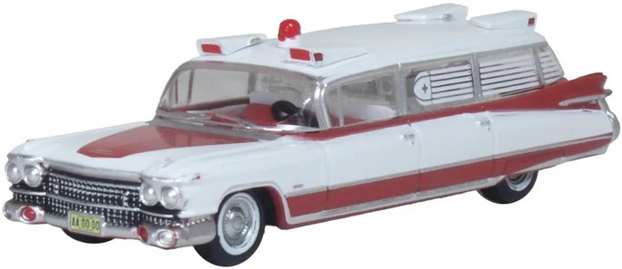 Oxford 1959 Cadillac Miller-Meteor Ambulance Red / White 1/100 diecast