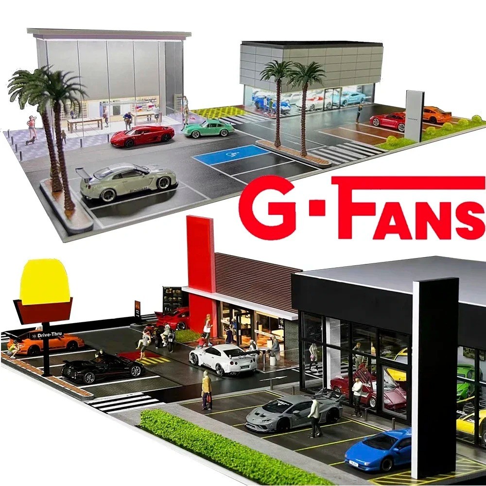 1/64 Diorama Car Garage Model LED Lighting Gas Stations Parking Lot Scene Model