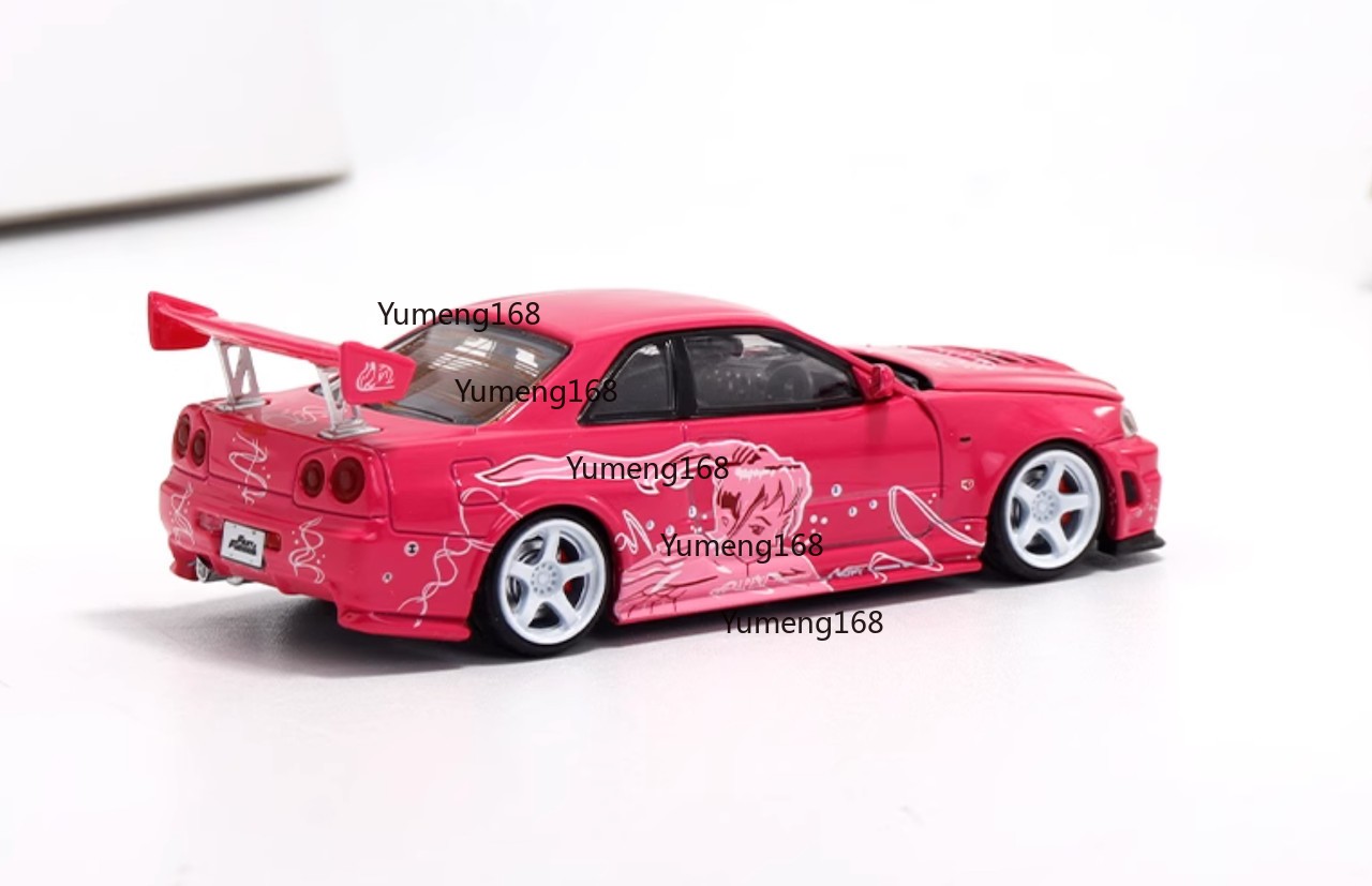 TM 1:64 JDM Pink Skyline GTR R34 Racing Sports Model Diecast Metal Car