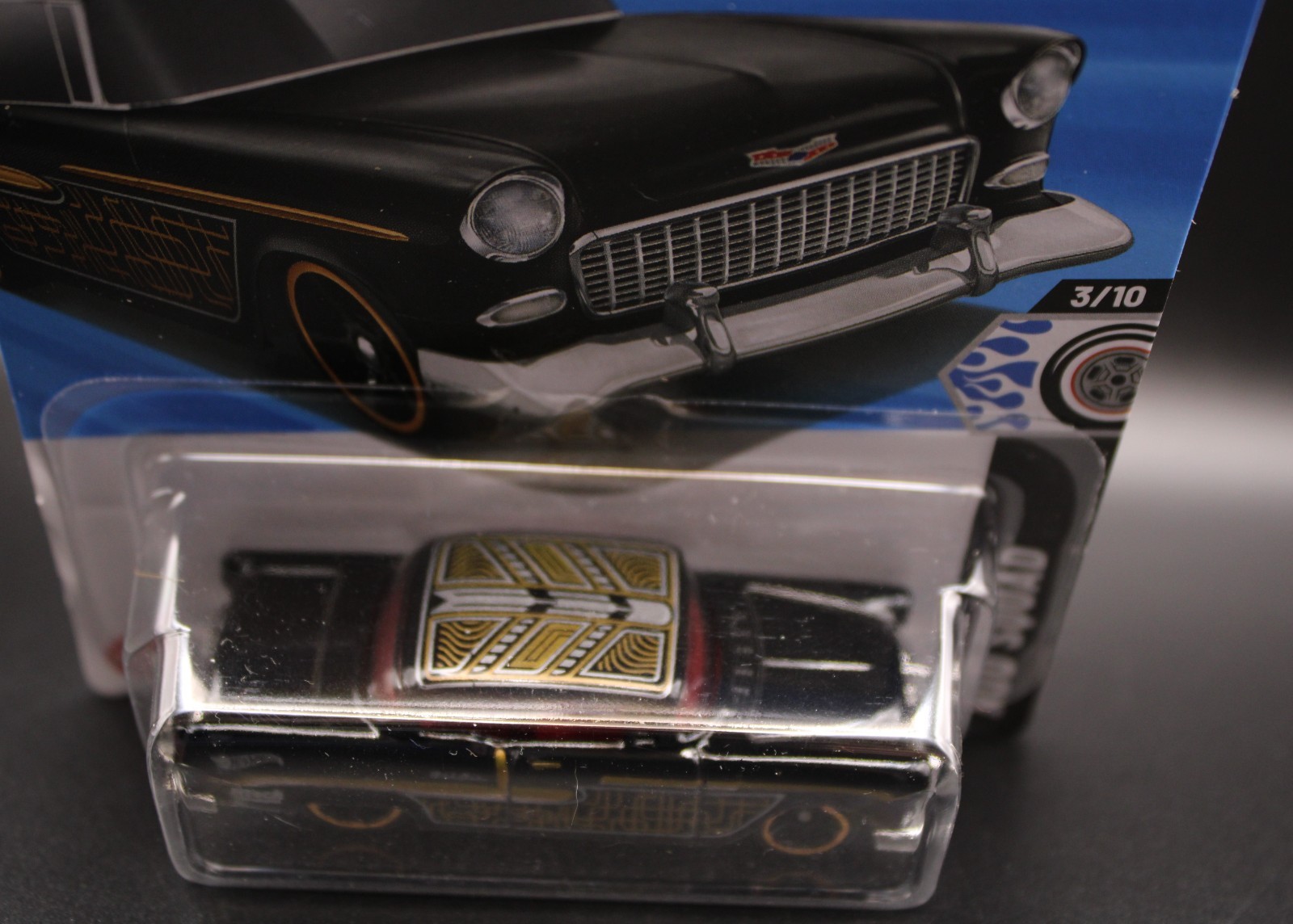 Hot Wheels ’55 Chevy 2025 Rod Squad 3/10 Black Car Mattel Gold Rims 44/250 New