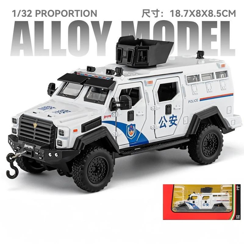 1:32 Police Armored Off-Road Diecast Car Model – Alloy Military Truck w/ Light