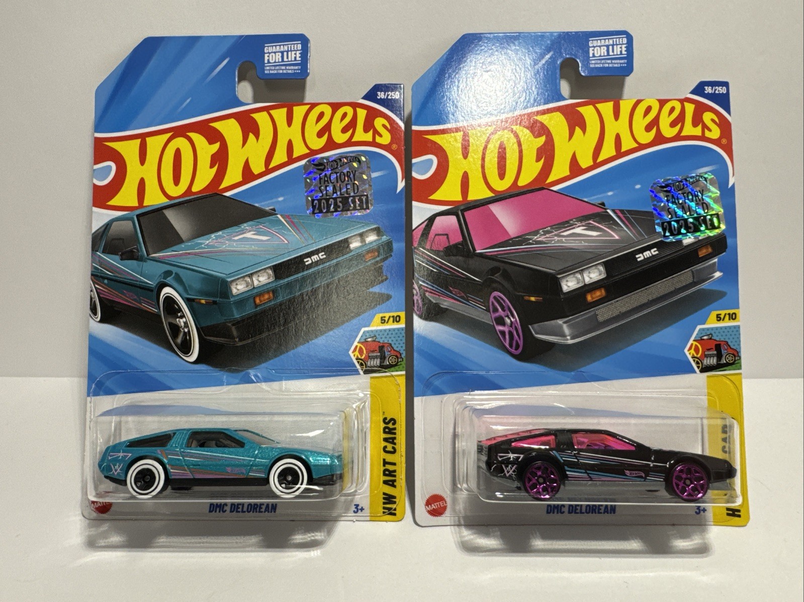 2 New Hot Wheels DMC Delorean Blue And Black Art Cars #36 FACTORY SEALED!!