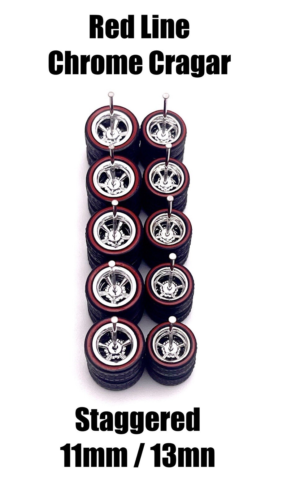 5x Red Line Chrome Cragar 11/13mm Wheels w/ Rubber Tires for 1/64 H0T Wheelz