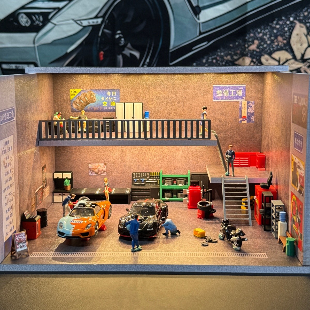 Diorama 1/64 Car Garage Model LED Car Repair Workshop ParkingLot Display Cabinet