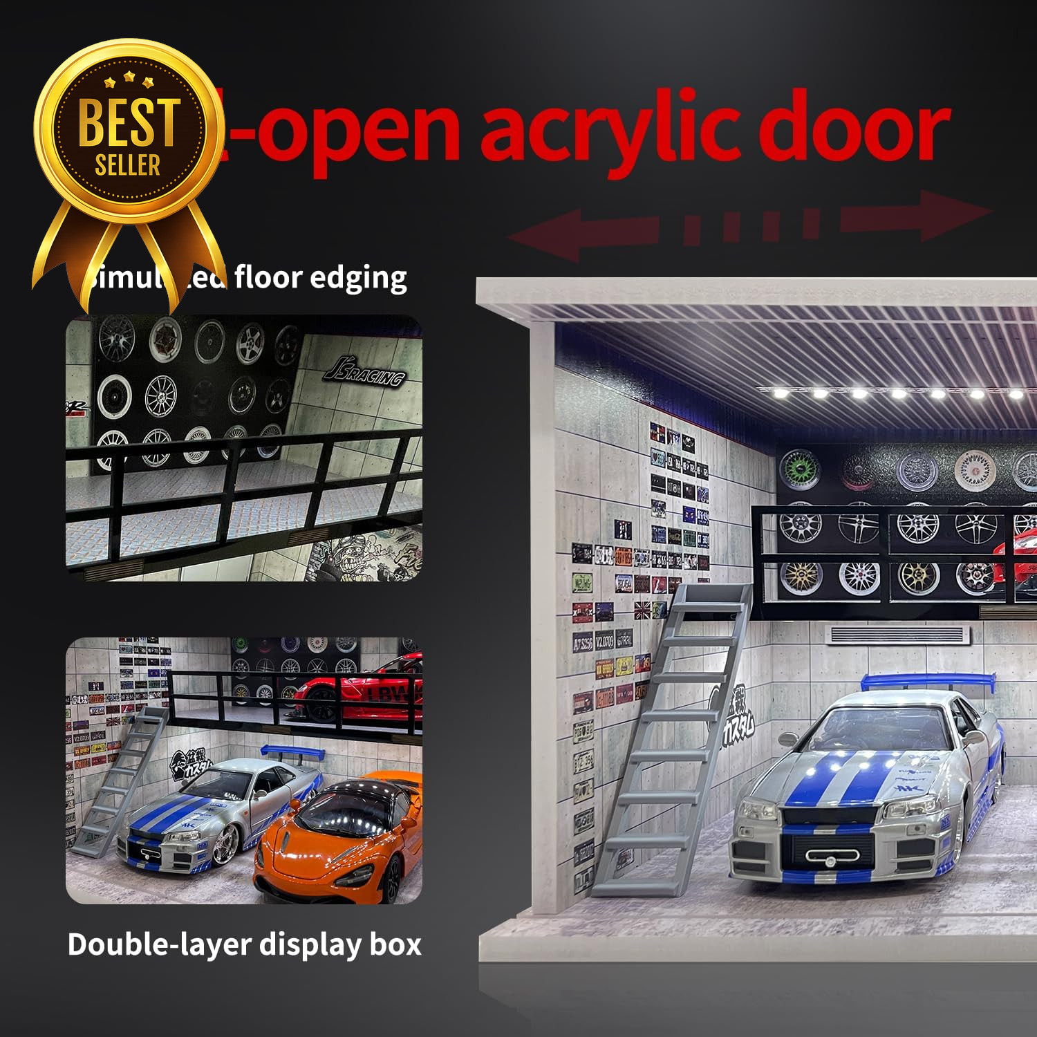1:24 Die Cast Car Display Case Garage Diorama with Lights Acrylic Cover 4 Spaces