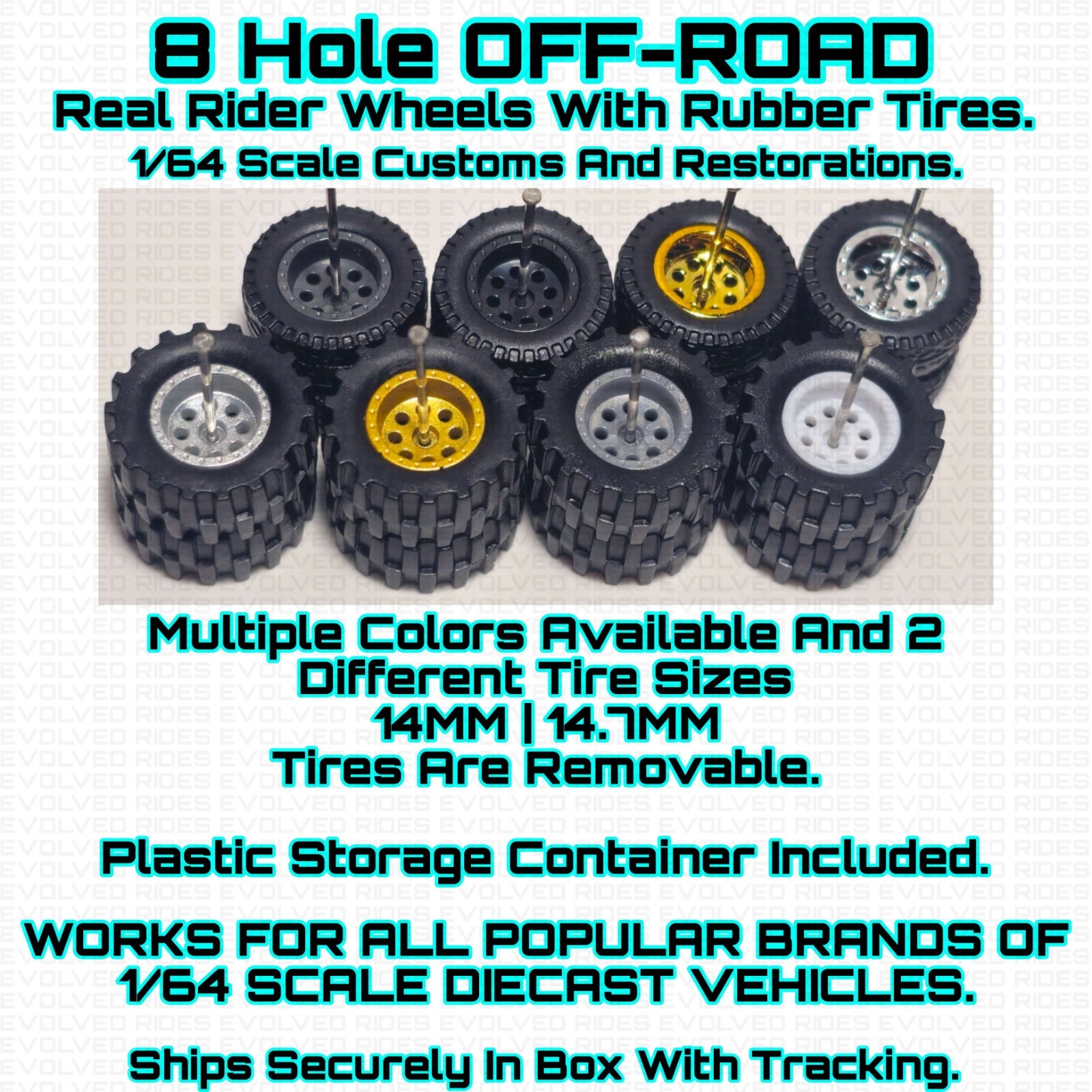 8 Hole OFF-Road Real Rider Wheels Rubber Tire For 1/64 Scale Hot Custom