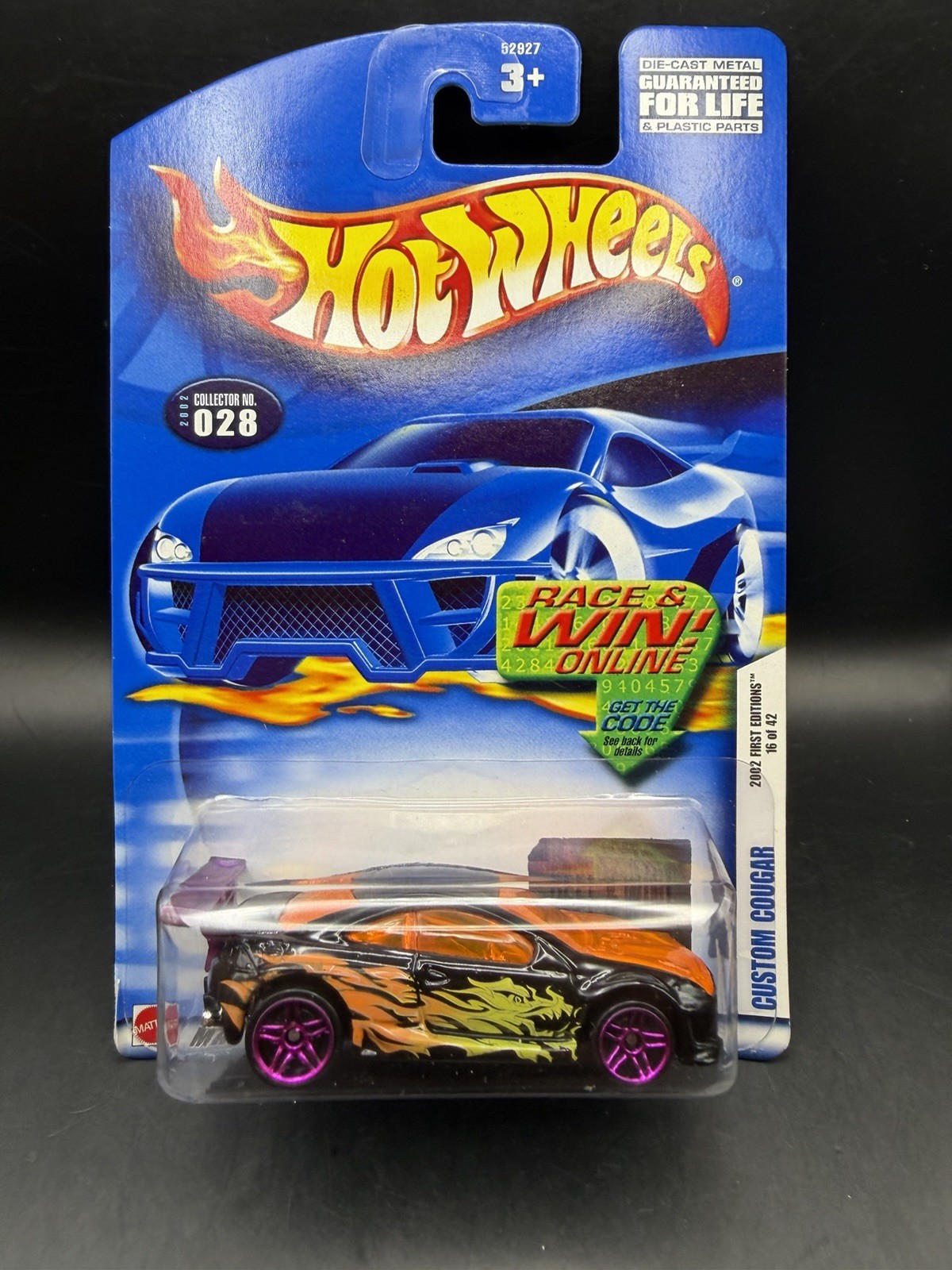 Hot Wheels 2002 First Editions Custom Cougar in Black w/ Purple PR5 #028