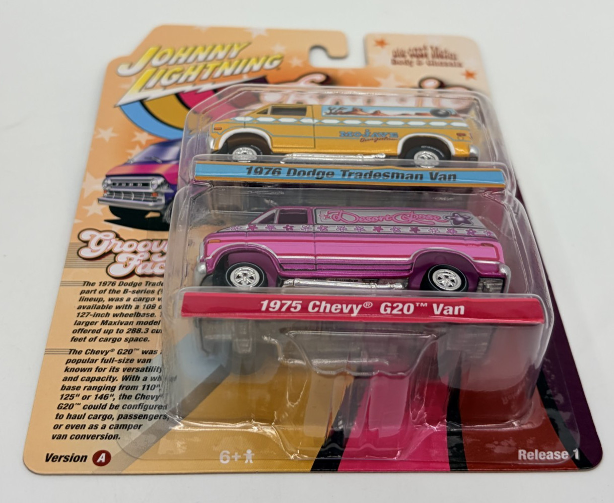 Johnny Lightning’76 Dodge Tradesman Van/’95 Chevy G20 Van Boogie Night 2 PK 1:64