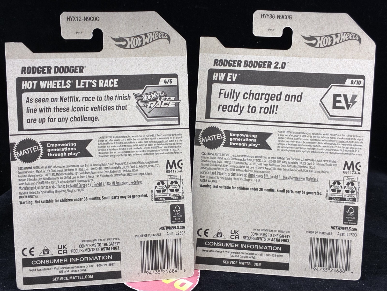 Hot Wheels Rodger Dodger & 2.0 2025, White With Flames,Netflix Let’s Race 2 Cars