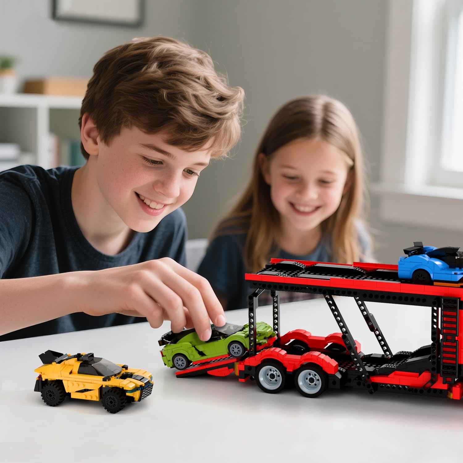 Micro Brick Car Transporter with 3 Sports Cars Building Set – Truck Toy with …